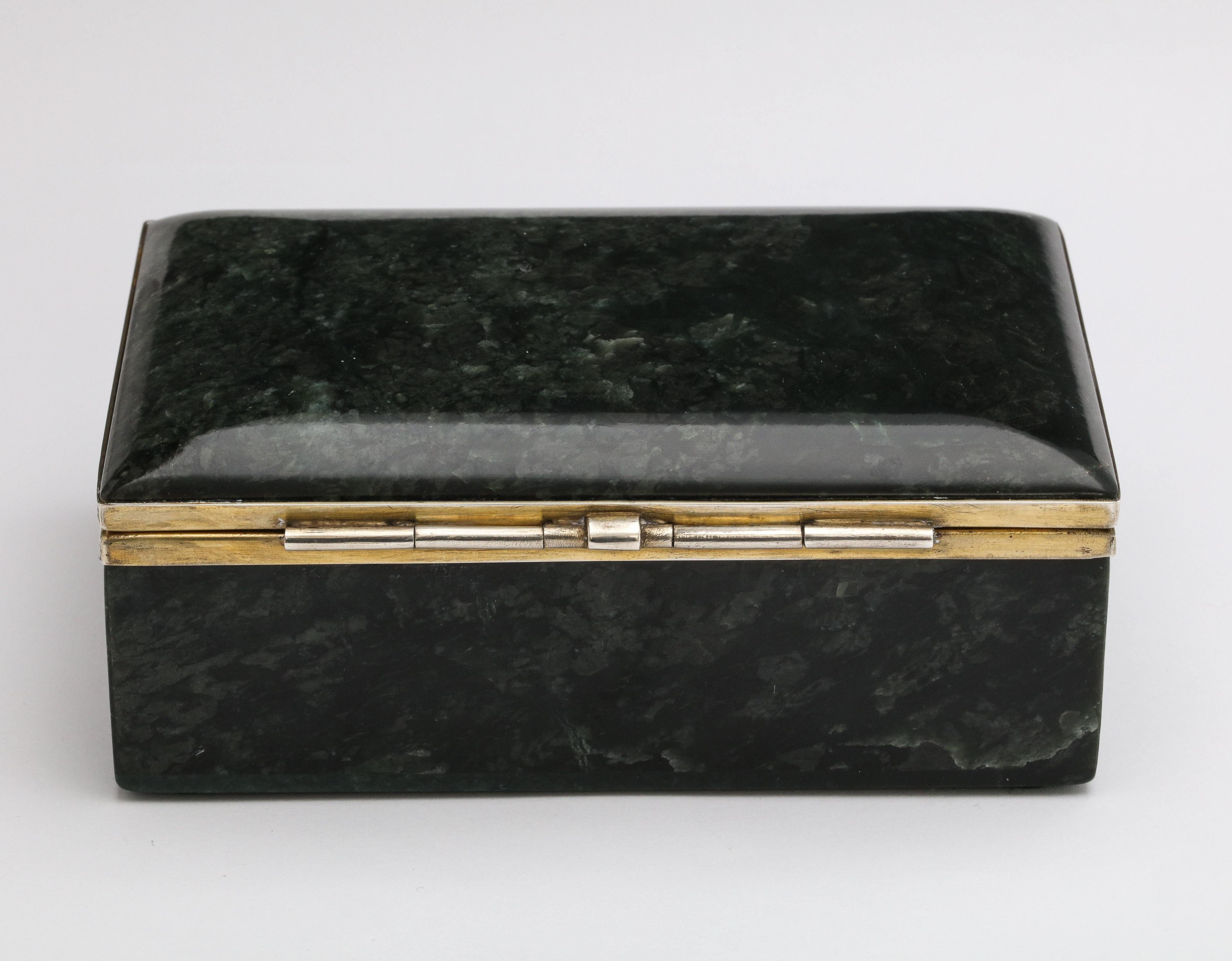 Early 20th Century Art Deco Sterling Silver-Mounted Green Nephrite Jade Table Box with Hinged Lid