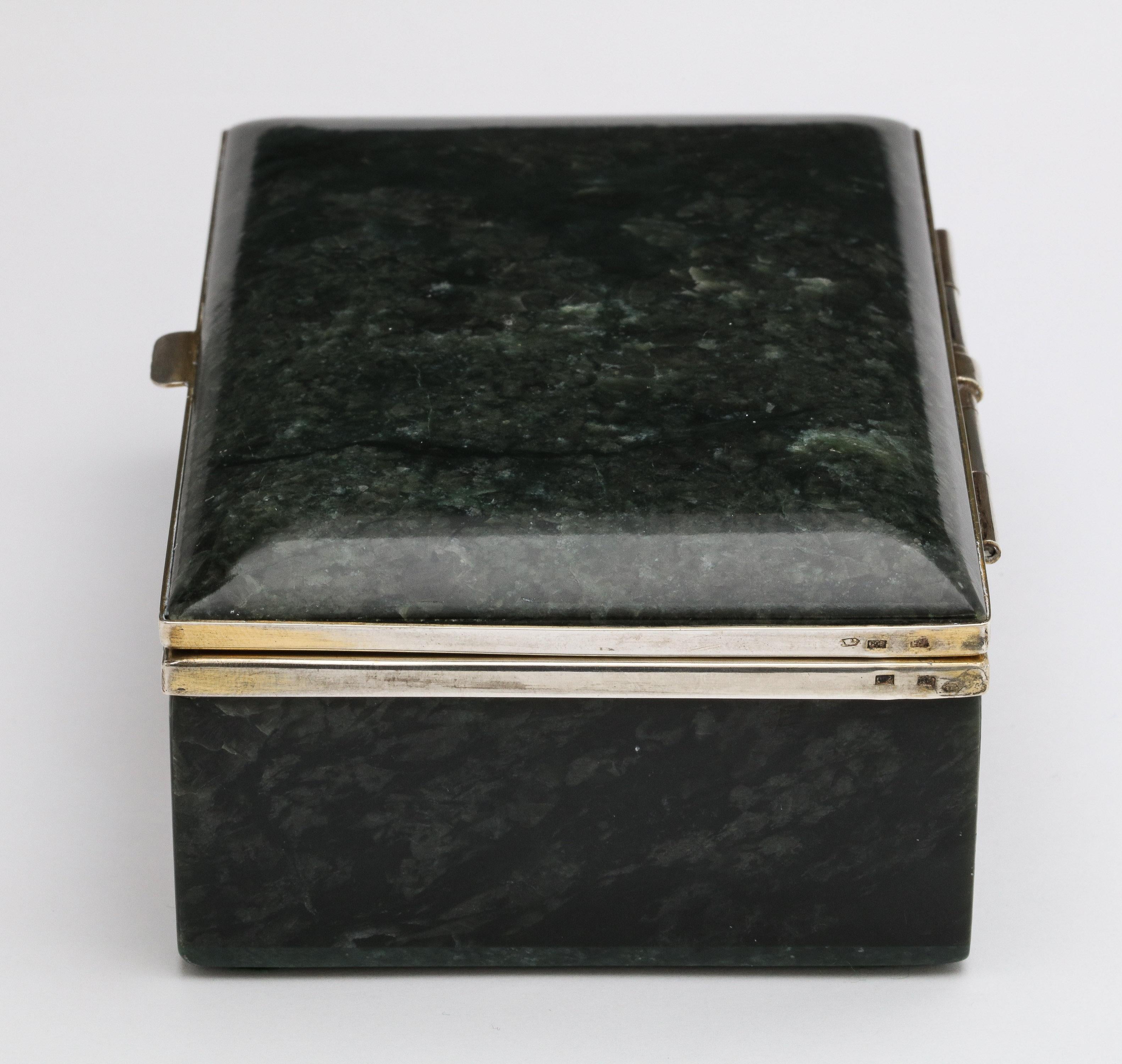 Art Deco Sterling Silver-Mounted Green Nephrite Jade Table Box with Hinged Lid 1