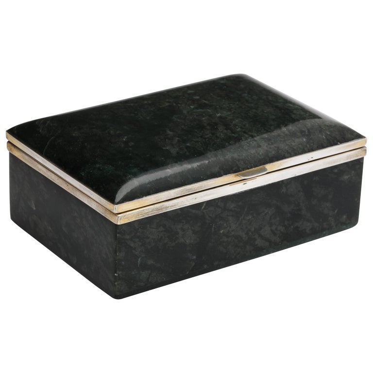 Art Deco Sterling Silver-Mounted Green Nephrite Jade Table Box with Hinged Lid For Sale