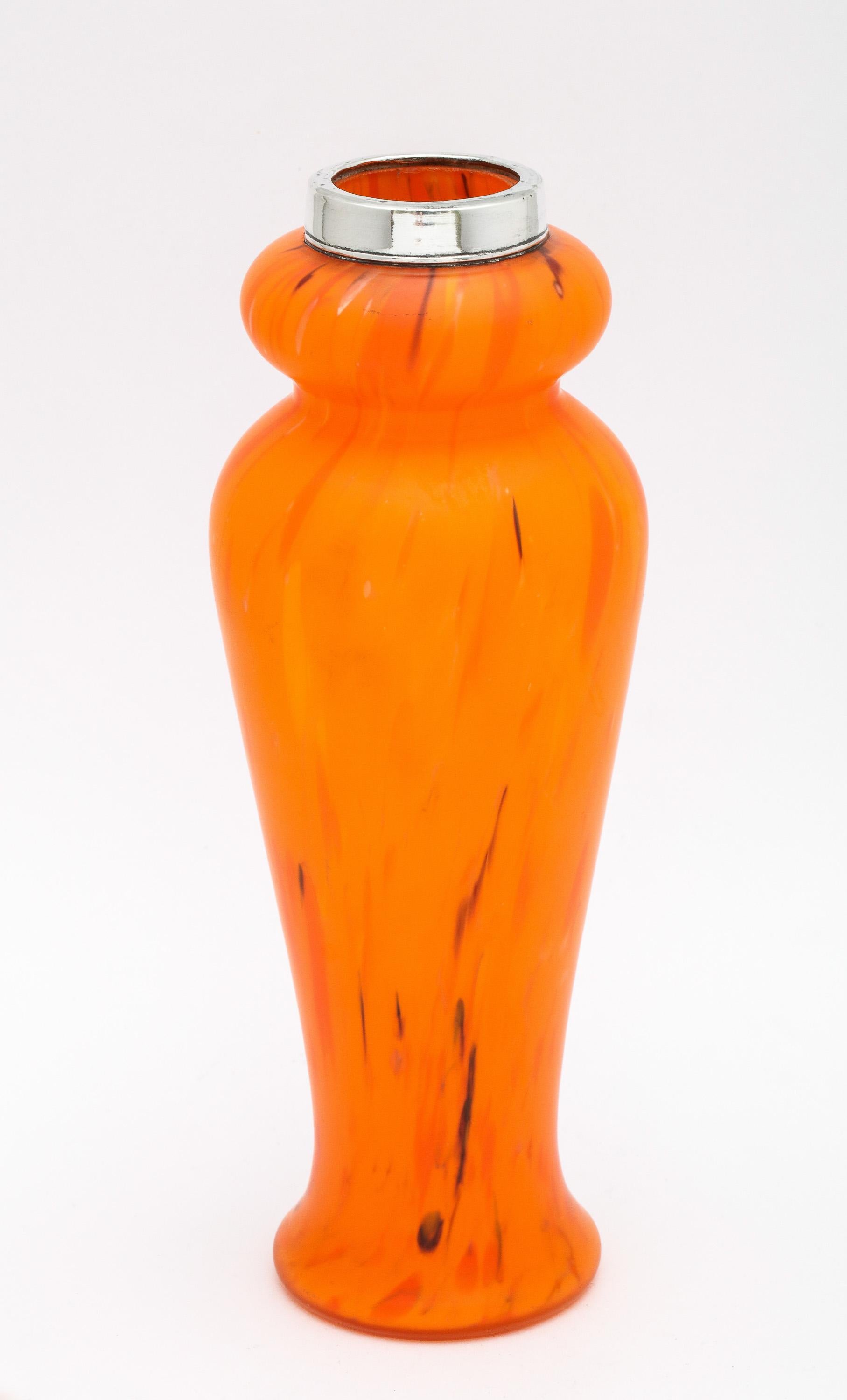 Art Deco Sterling Silver-Mounted Orange Art Glass Bud Vase In Good Condition In New York, NY