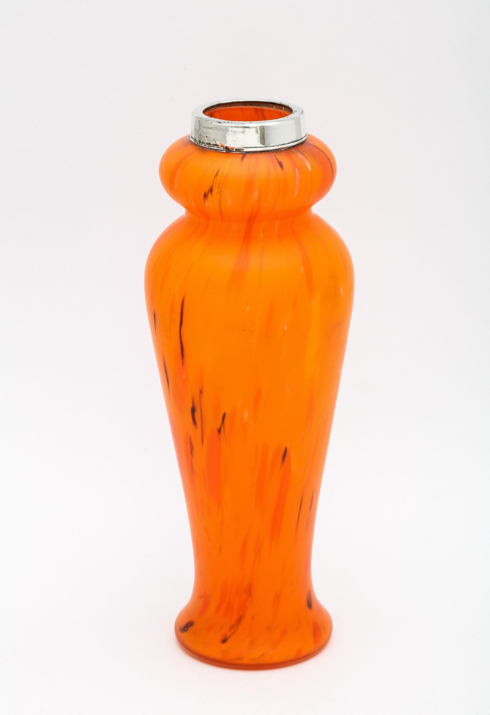 Early 20th Century Art Deco Sterling Silver-Mounted Orange Art Glass Bud Vase