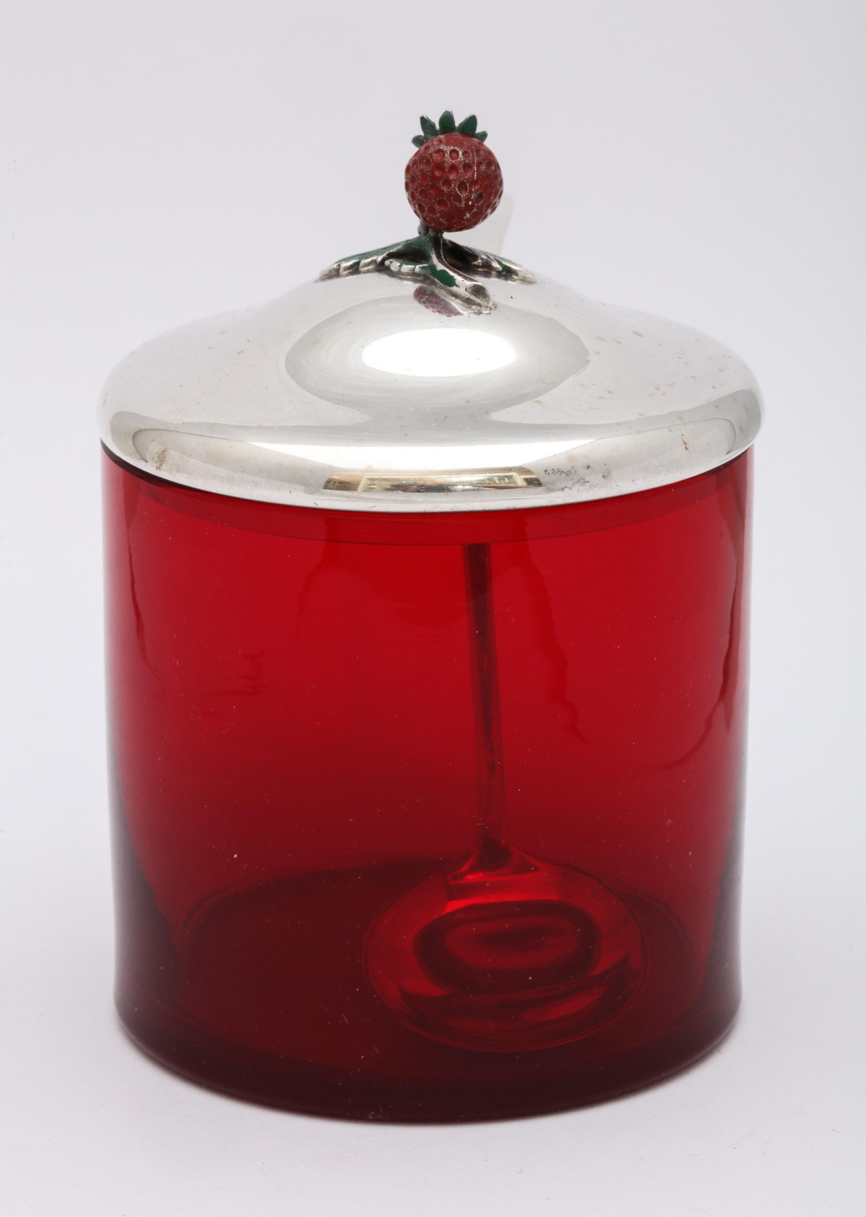 Mid-20th Century Art Deco Sterling Silver-Mounted Red Glass Condiments Jar with Original Spoon