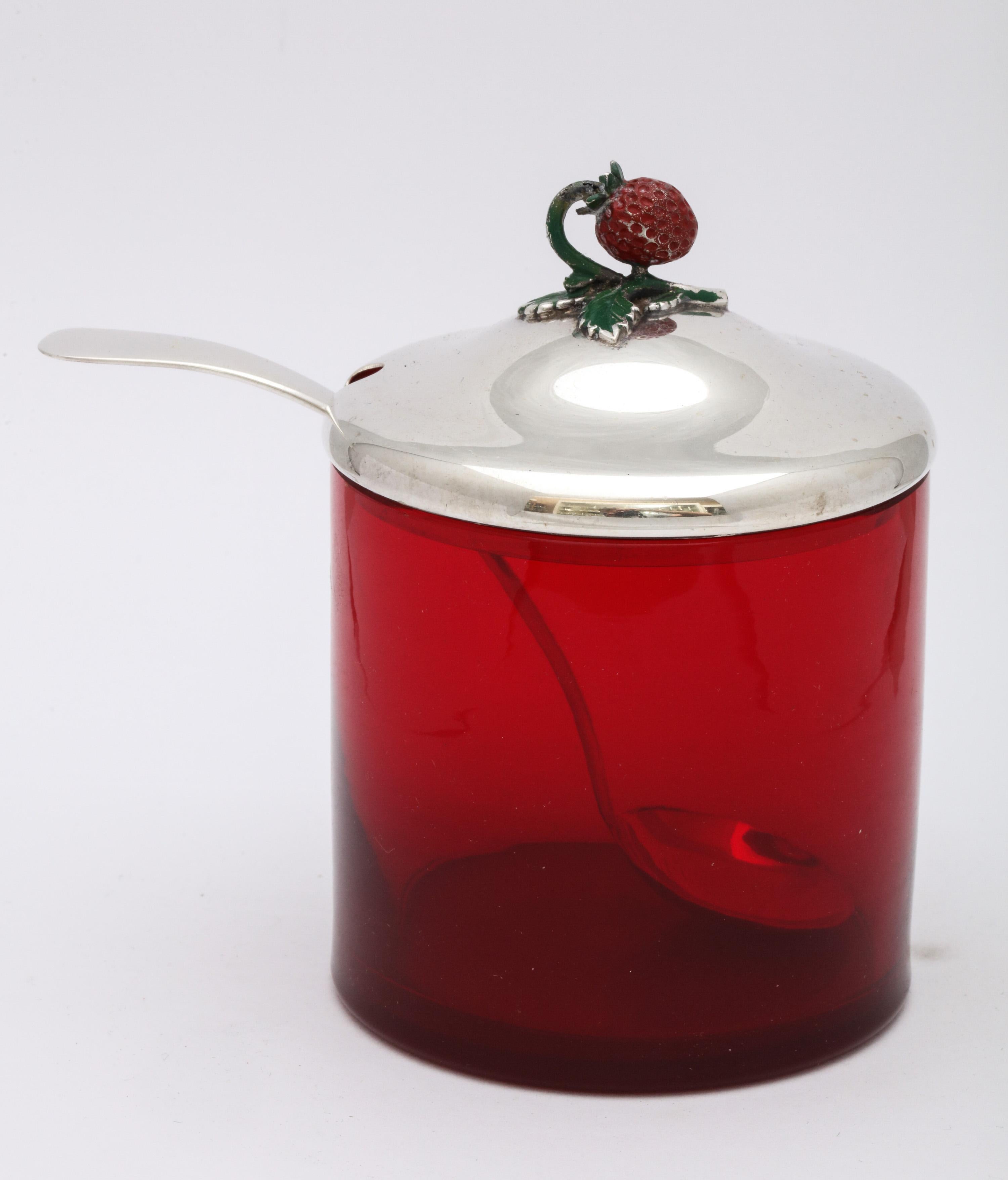 Art Deco Sterling Silver-Mounted Red Glass Condiments Jar with Original Spoon 2