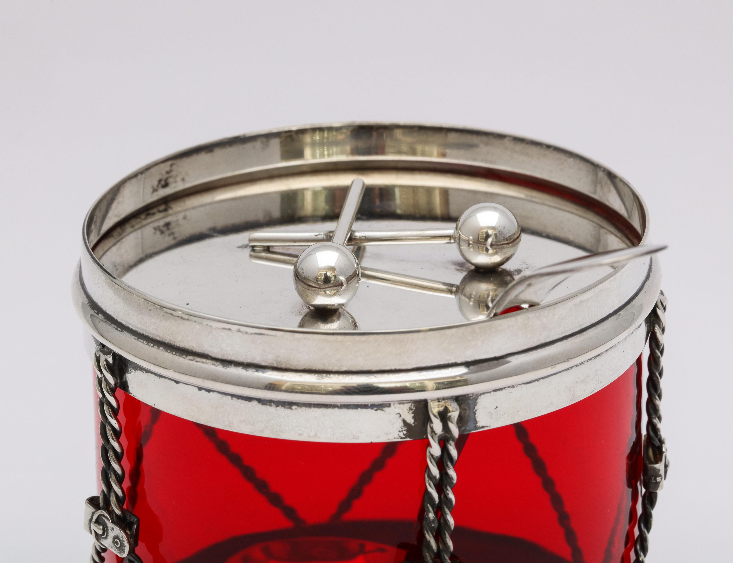 Art Deco Sterling Silver-Mounted Red Glass Drum-Form Condiments Jar with Spoon 6