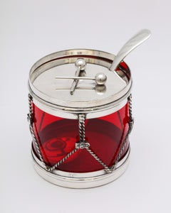 Art Deco Sterling Silver-Mounted Red Glass Drum-Form Condiments Jar with Spoon