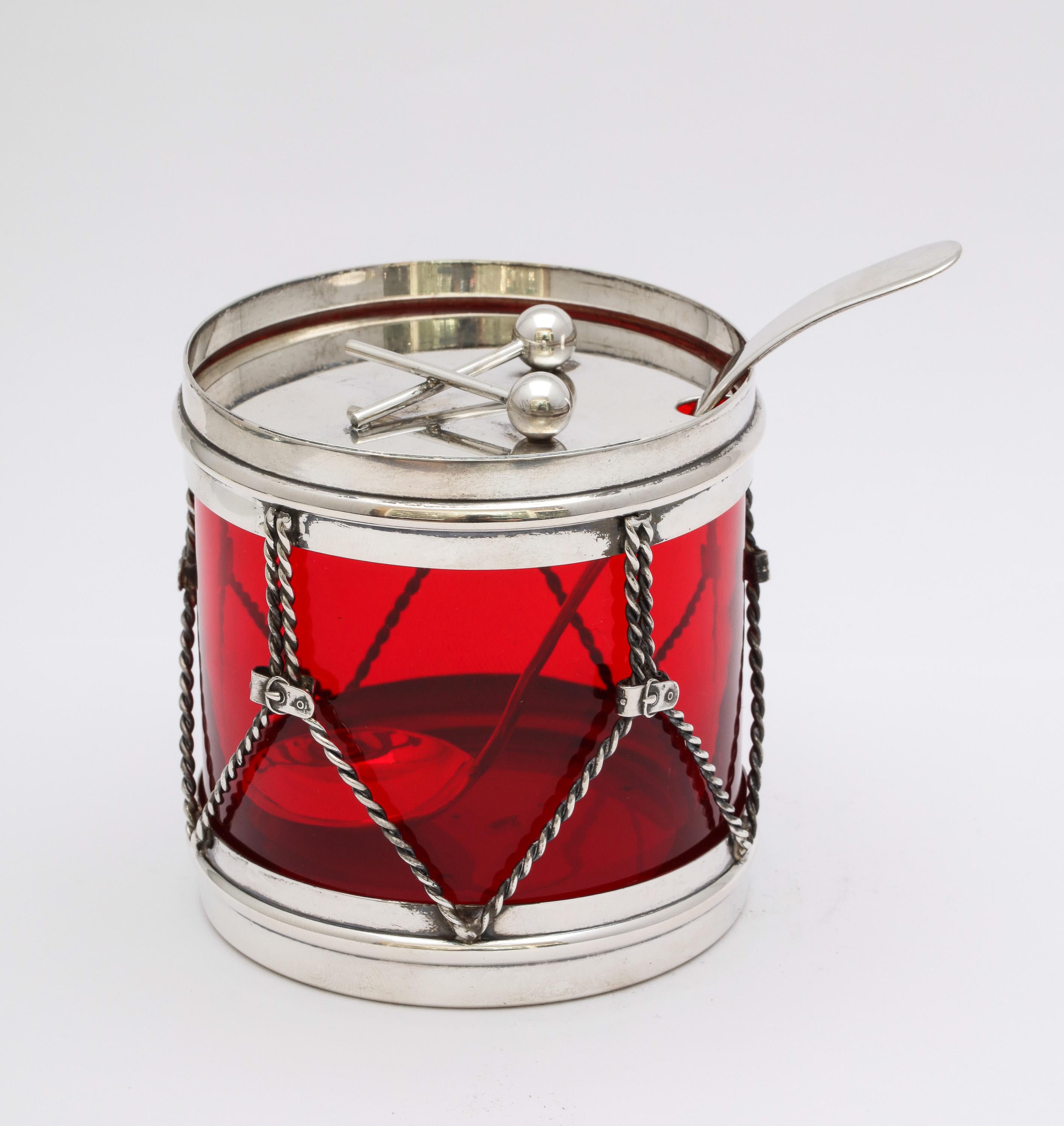 Art Deco Sterling Silver-Mounted Red Glass Drum-Form Condiments Jar with Spoon 3