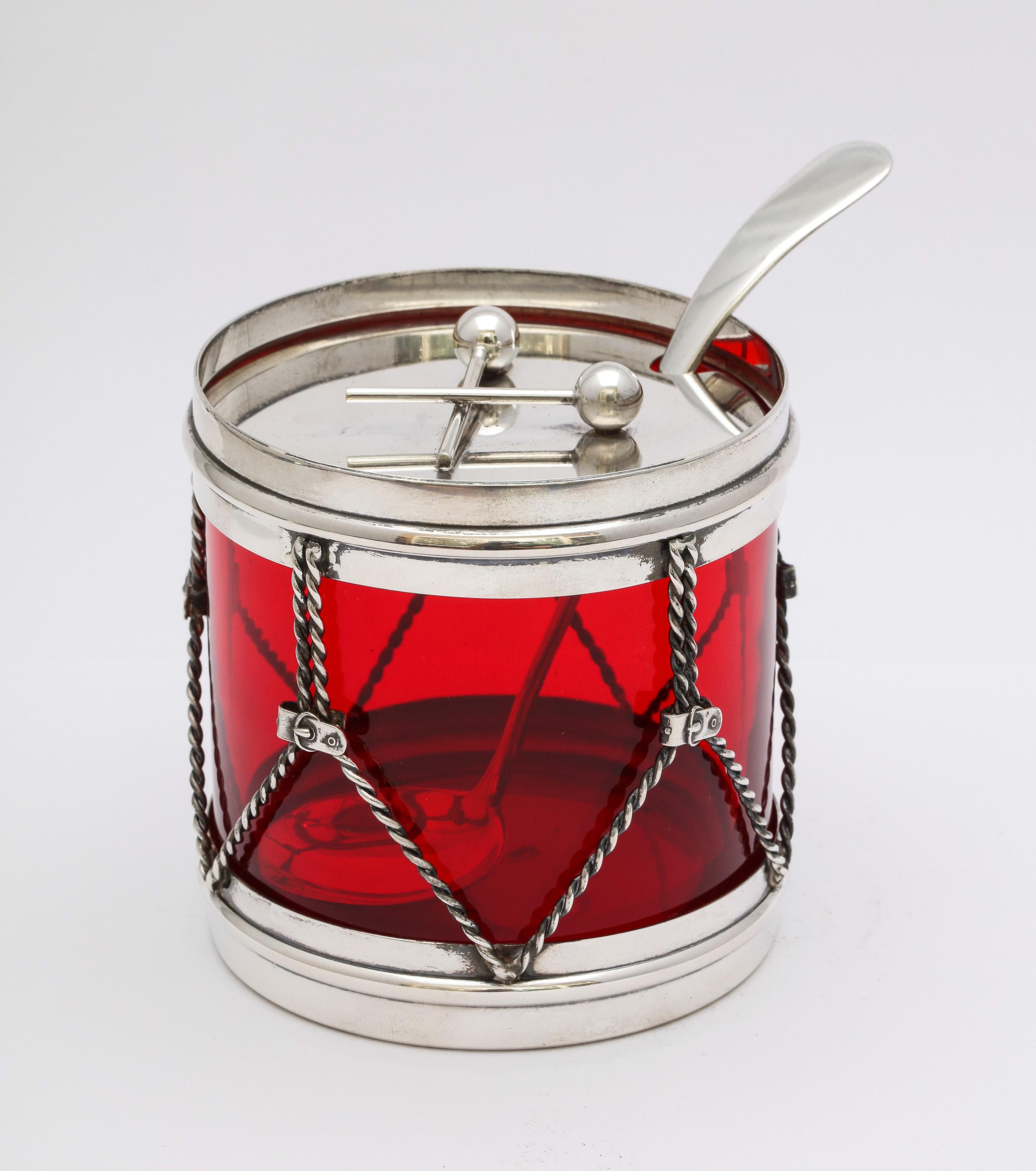 Art Deco Sterling Silver-Mounted Red Glass Drum-Form Condiments Jar with Spoon 4