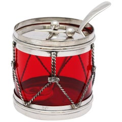 Vintage Art Deco Sterling Silver-Mounted Red Glass Drum-Form Condiments Jar with Spoon