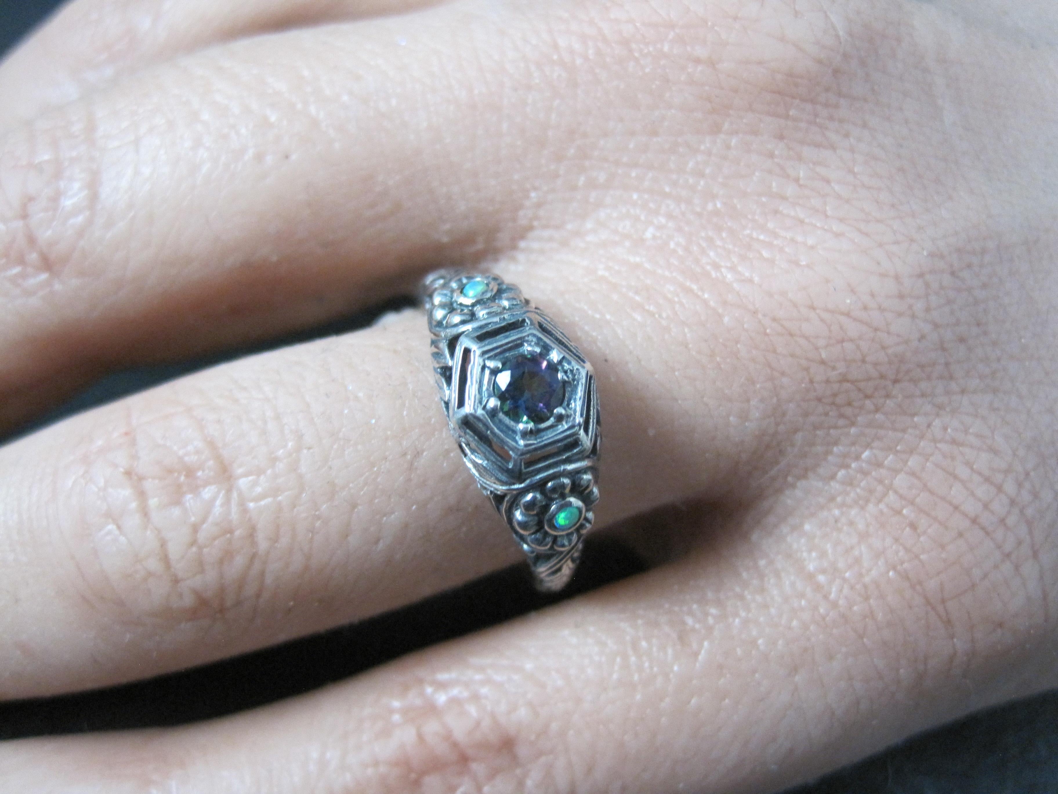Art Deco Sterling Silver Mystic Topaz & Opal Ring Size 7 For Sale 5