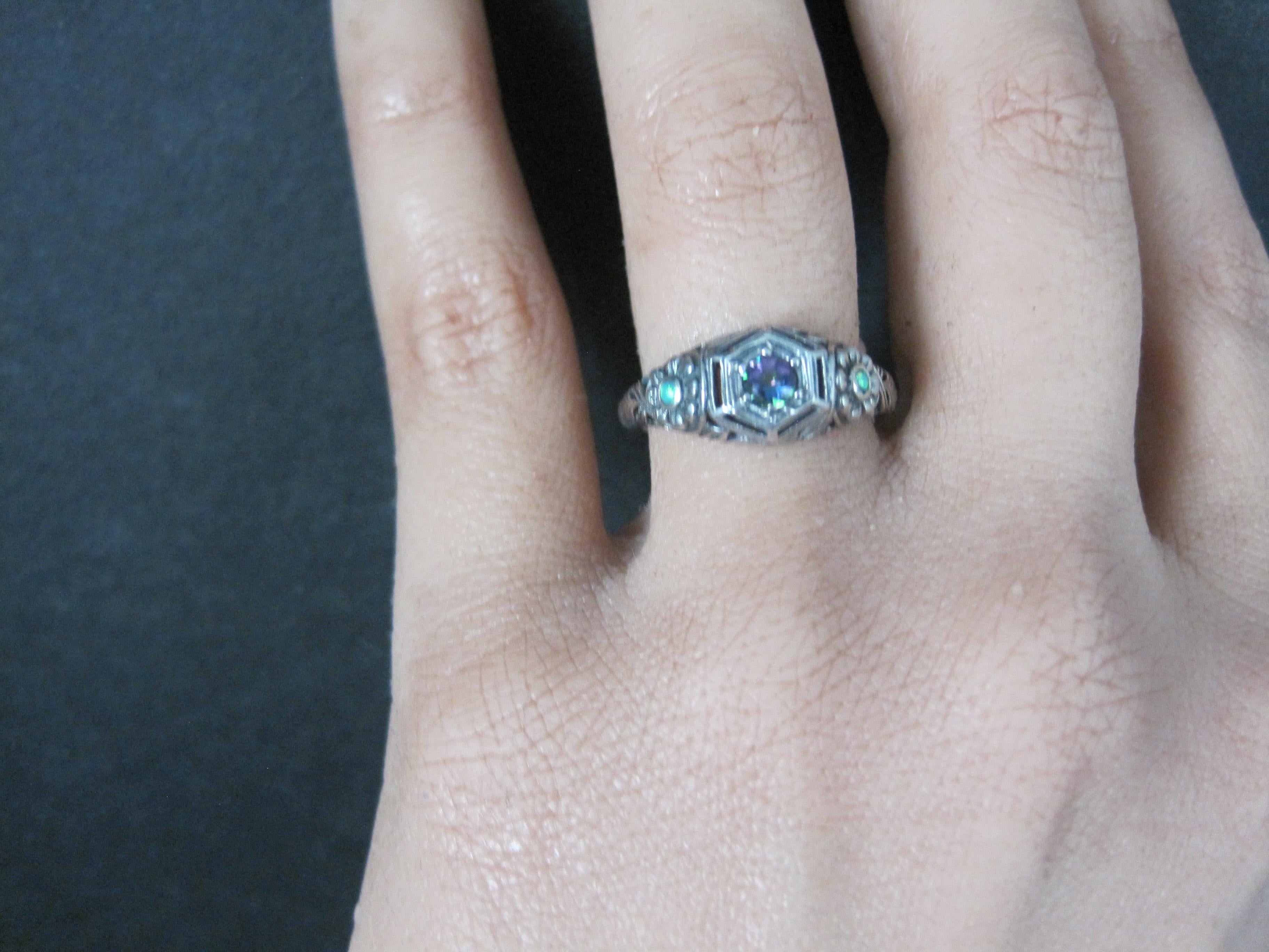 Art Deco Sterling Silver Mystic Topaz & Opal Ring Size 7 For Sale 8