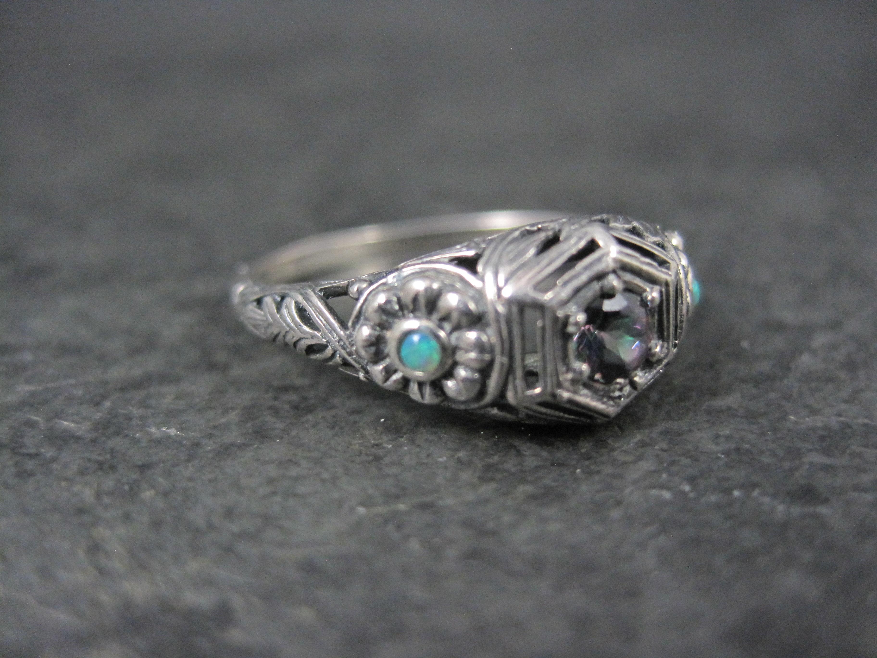 Round Cut Art Deco Sterling Silver Mystic Topaz & Opal Ring Size 7 For Sale