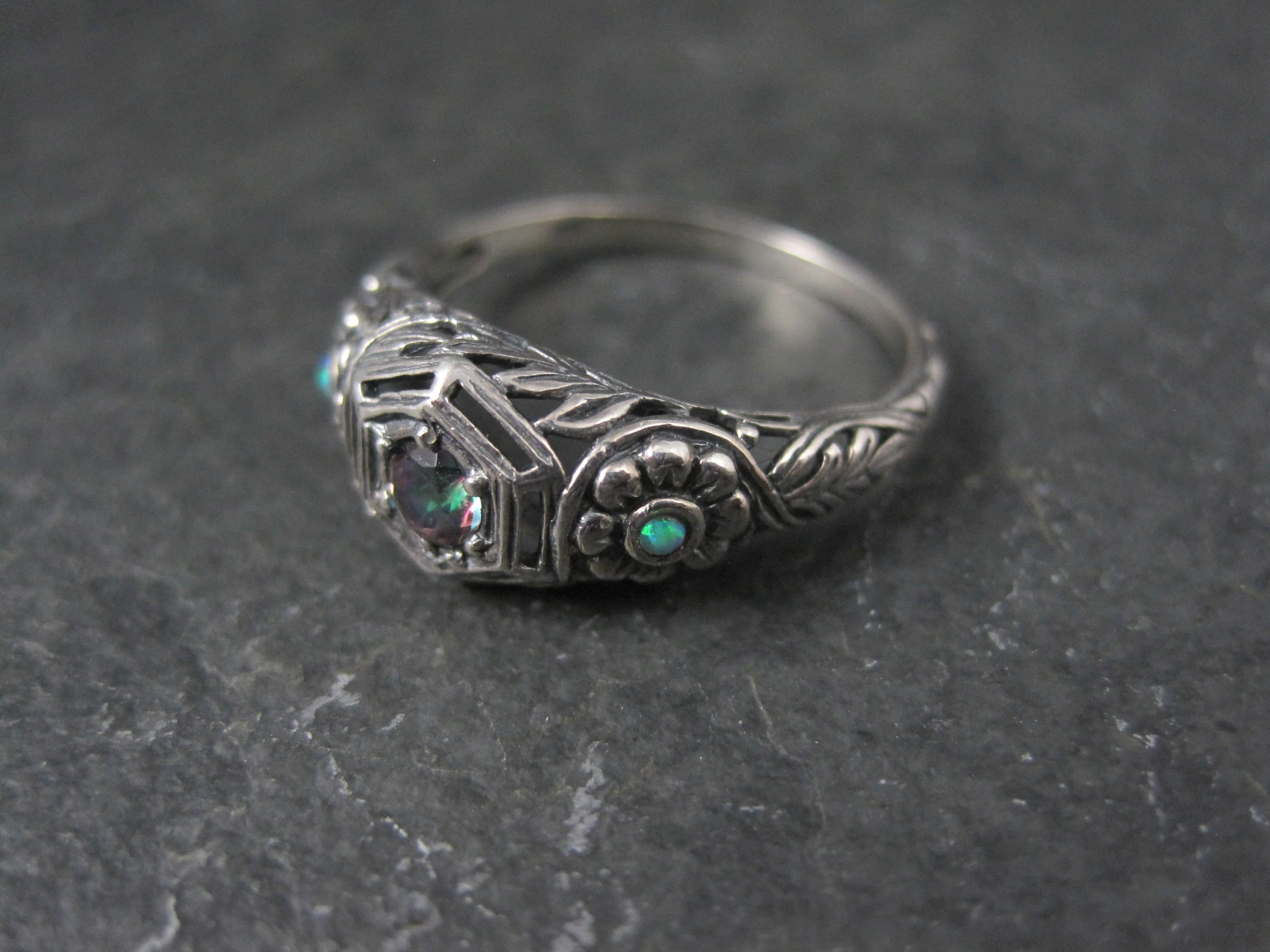 Art Deco Sterling Silver Mystic Topaz & Opal Ring Size 7 For Sale 3