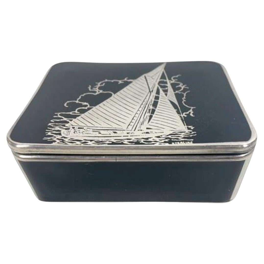 Art Deco Sterling Silver Overlaid Black Glass Cigarette Box w/ Sailboat Motif For Sale