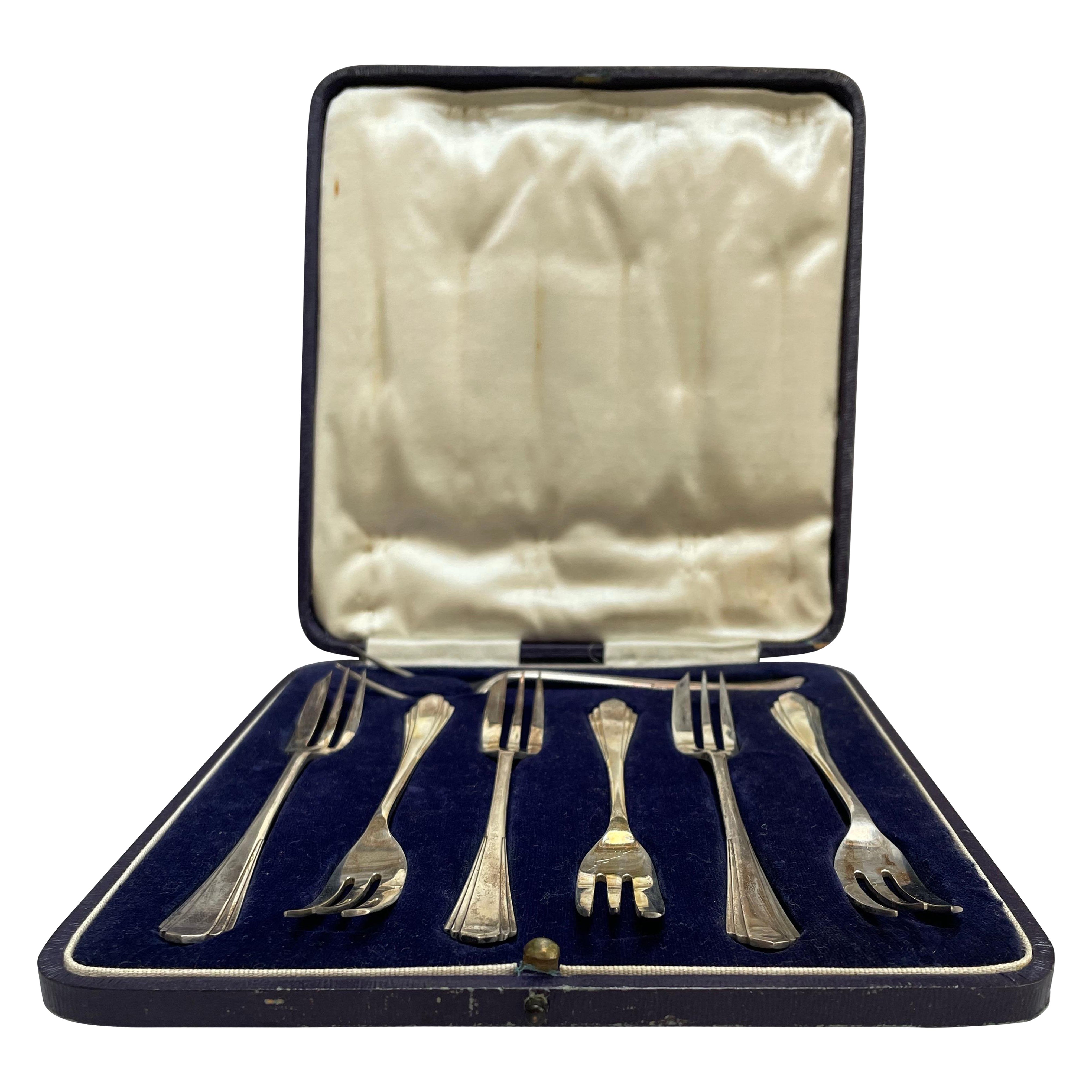Art Deco Sterling Silver Oyster Fork Set by James Deakin & Sons, London, 1936 For Sale
