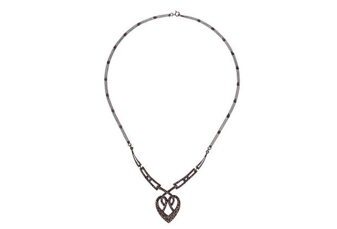 Art Deco Sterling Silver Pave Marcasite Heart Necklace In Good Condition For Sale In New York, NY