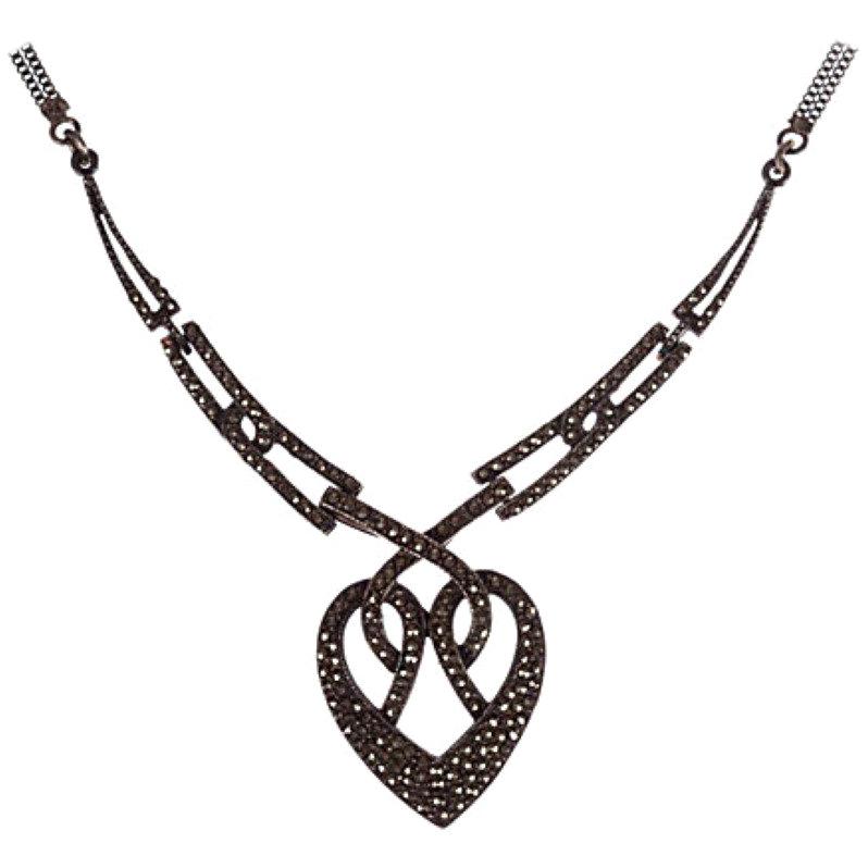 Art Deco Sterling Silver Pave Marcasite Heart Necklace For Sale