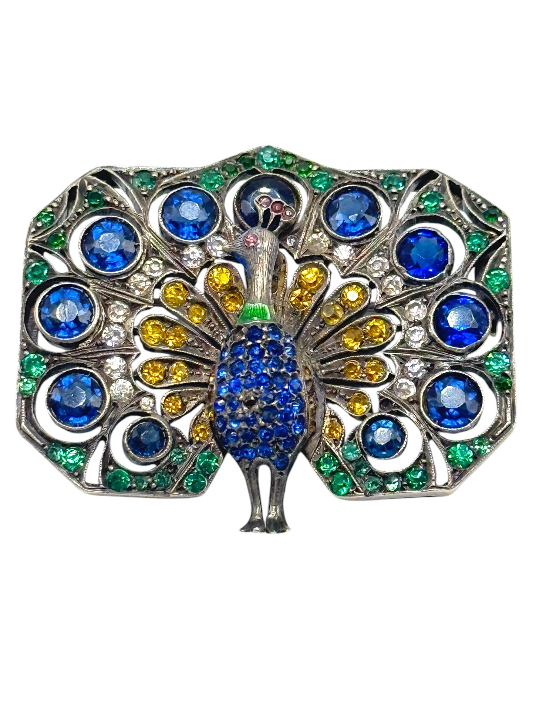 Broche paon Art déco en argent sterling avec pierres de pâte colorées, c. 1920 Bon état - En vente à San Francisco, CA