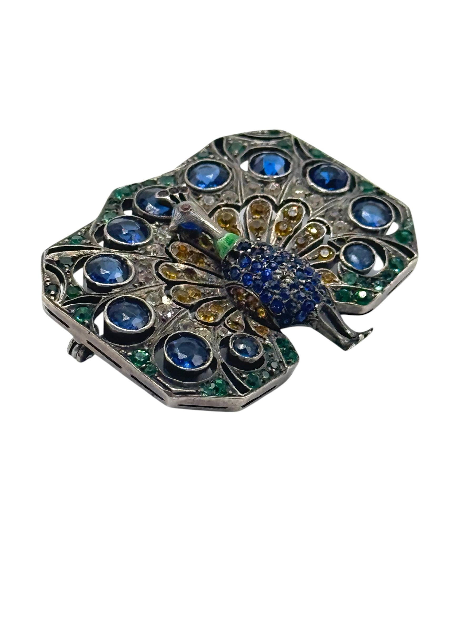 Broche paon Art déco en argent sterling avec pierres de pâte colorées, c. 1920 en vente 2