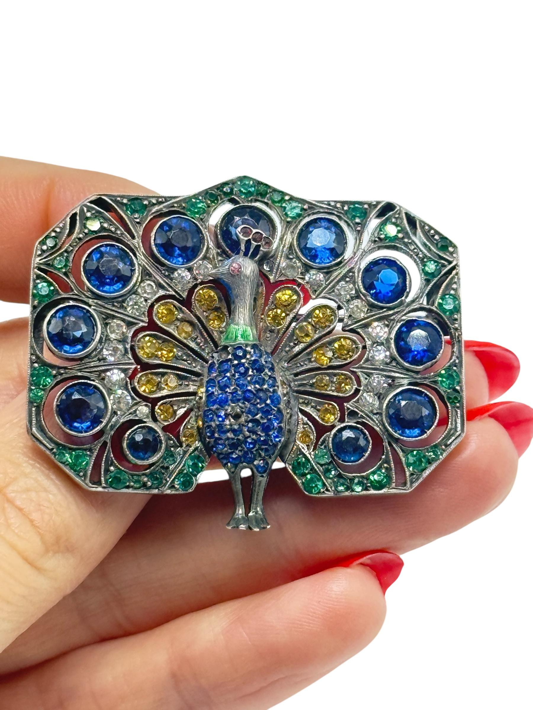 Broche paon Art déco en argent sterling avec pierres de pâte colorées, c. 1920 en vente 3