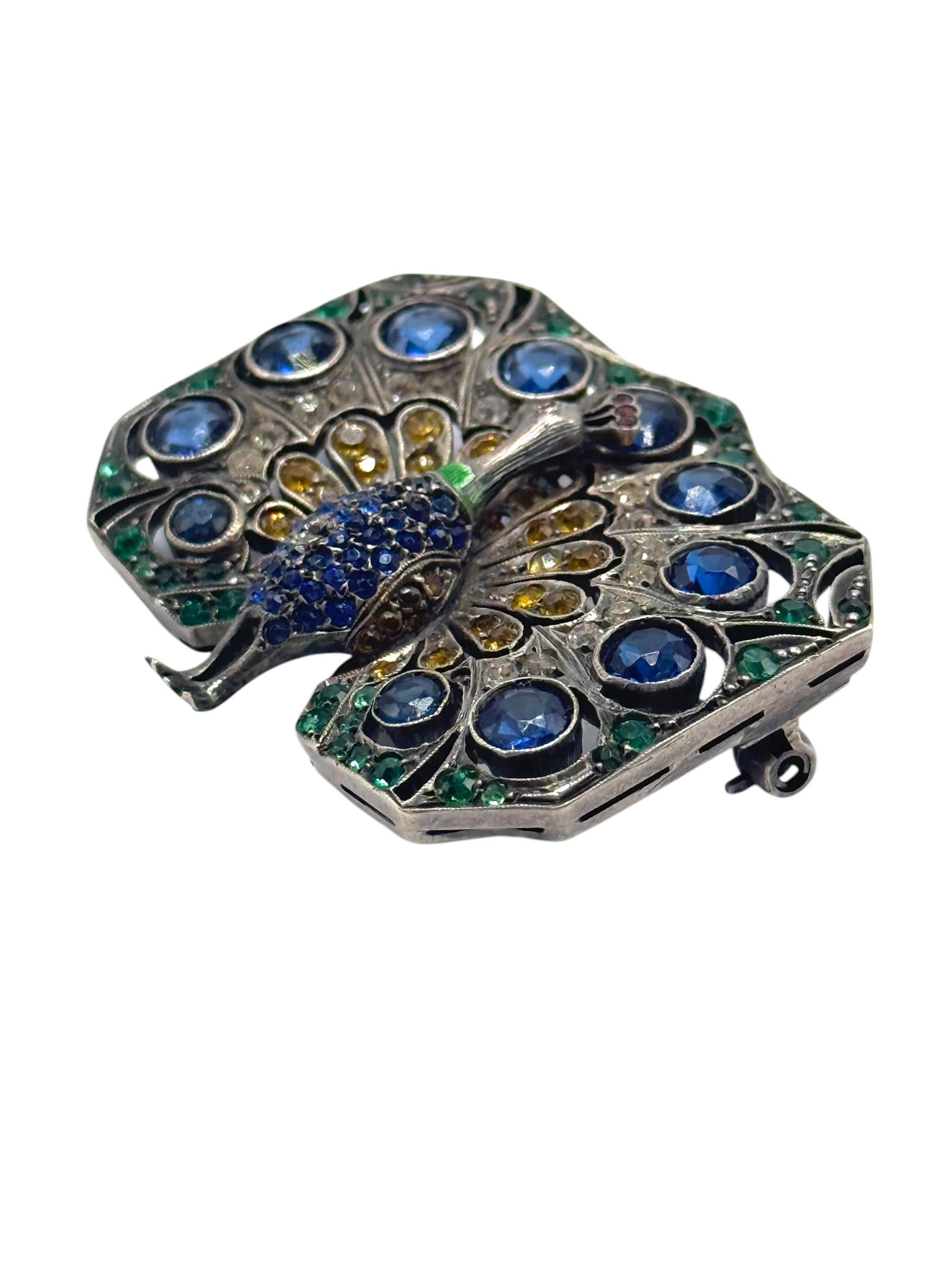 Broche paon Art déco en argent sterling avec pierres de pâte colorées, c. 1920 en vente 5