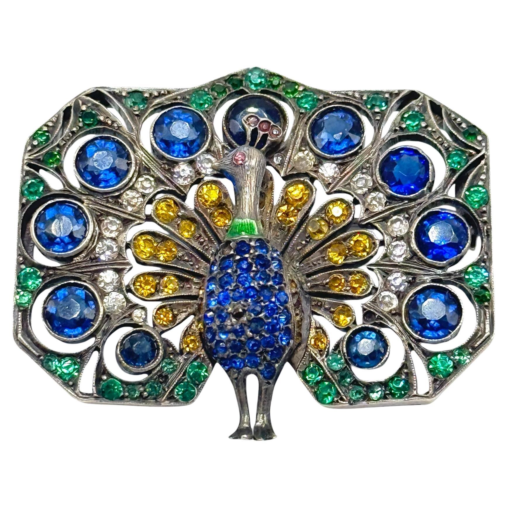 Art Deco Sterling Silver Peacock Brooch with Colored Paste Stones, c. 1920s