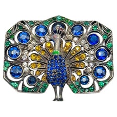 Art Deco Sterling Silver Peacock Brooch with Colored Paste Stones, c. 1920s