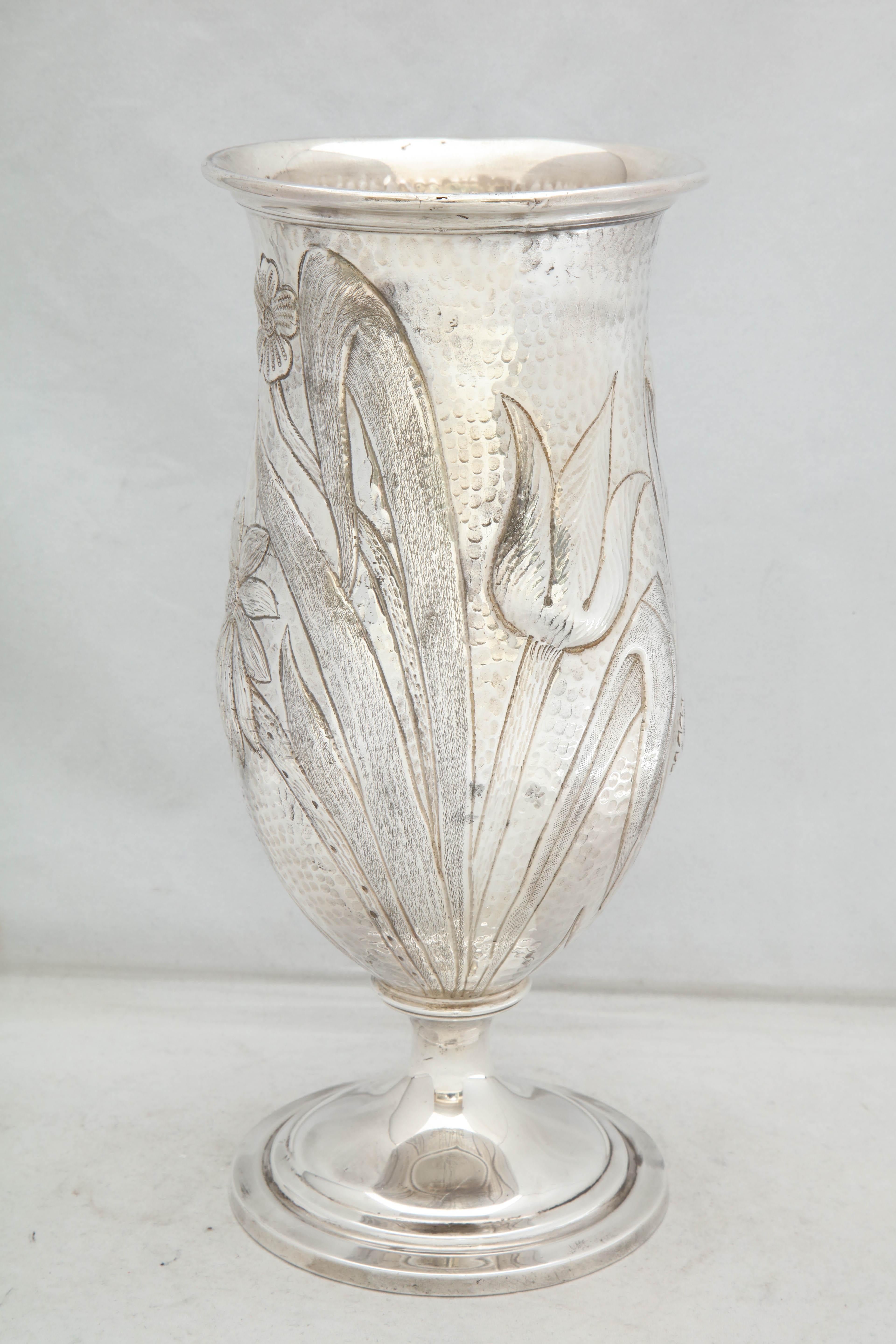 Hammered Art Nouveau - Style Sterling Silver Pedestal, Based Vase by Gorham For Sale