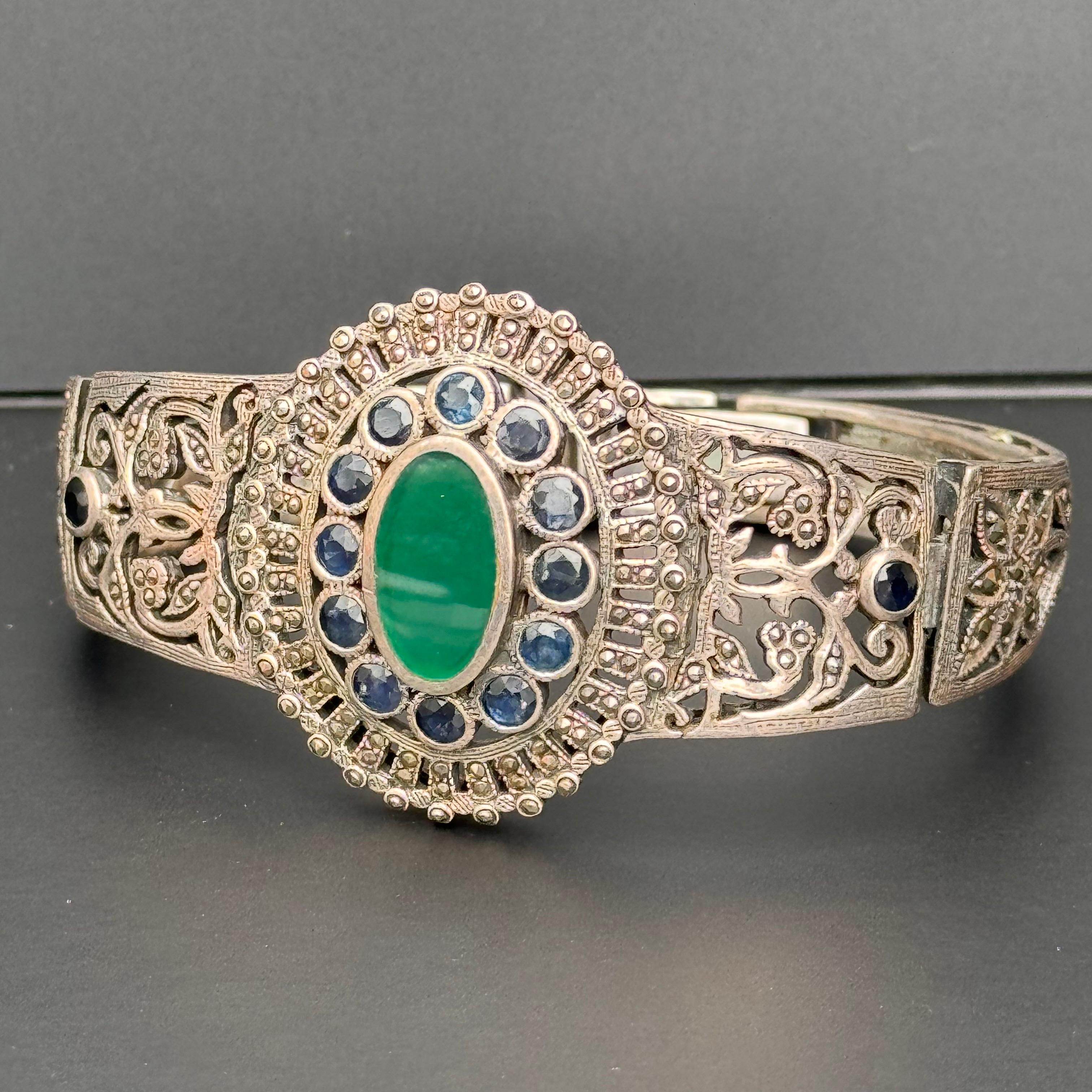 Art Deco Sterlingsilber Saphir Marcasite-Armreif Armband Armreif  im Angebot 7