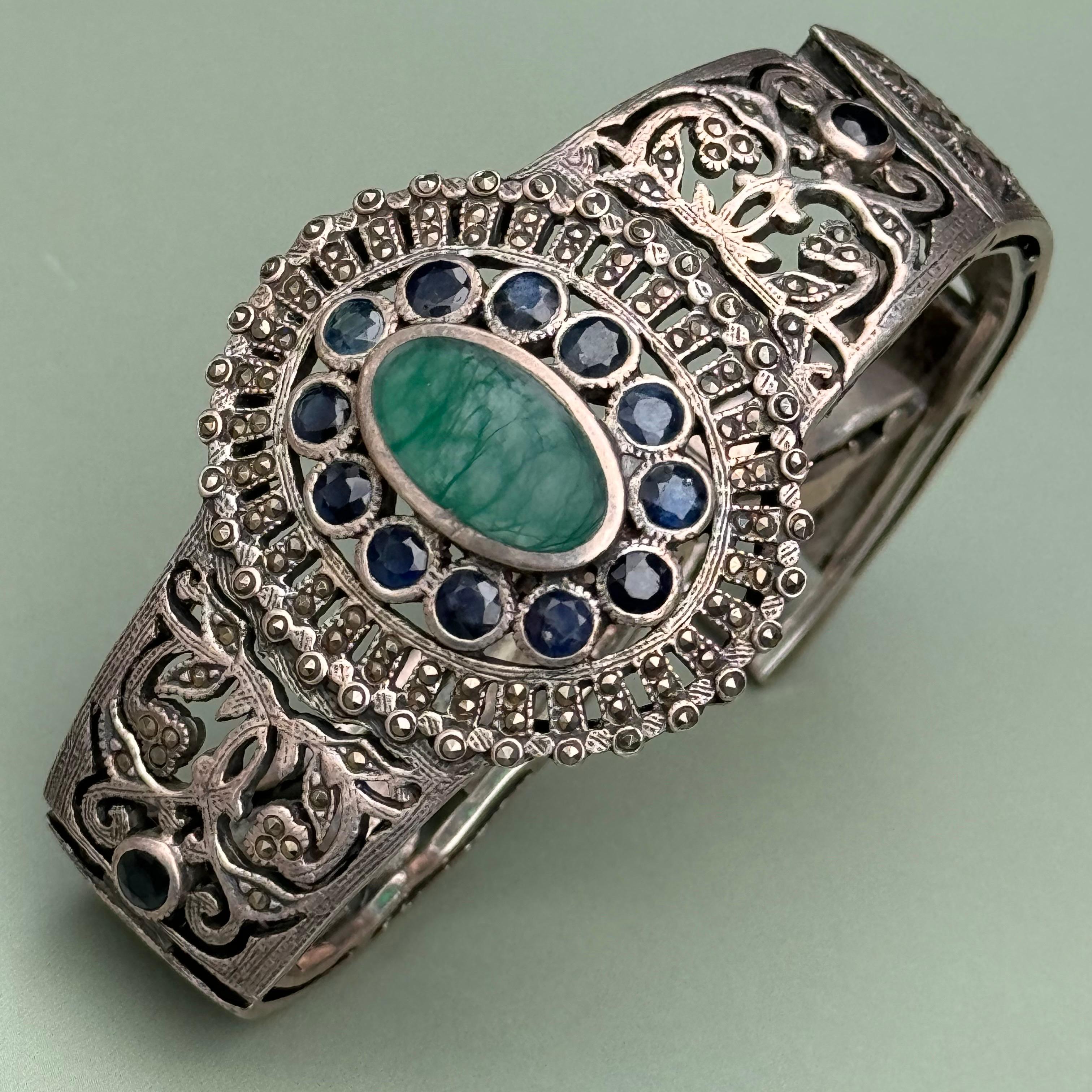 Round Cut Art Deco Sterling silver Sapphire Marcasite Bracelet bangle  For Sale