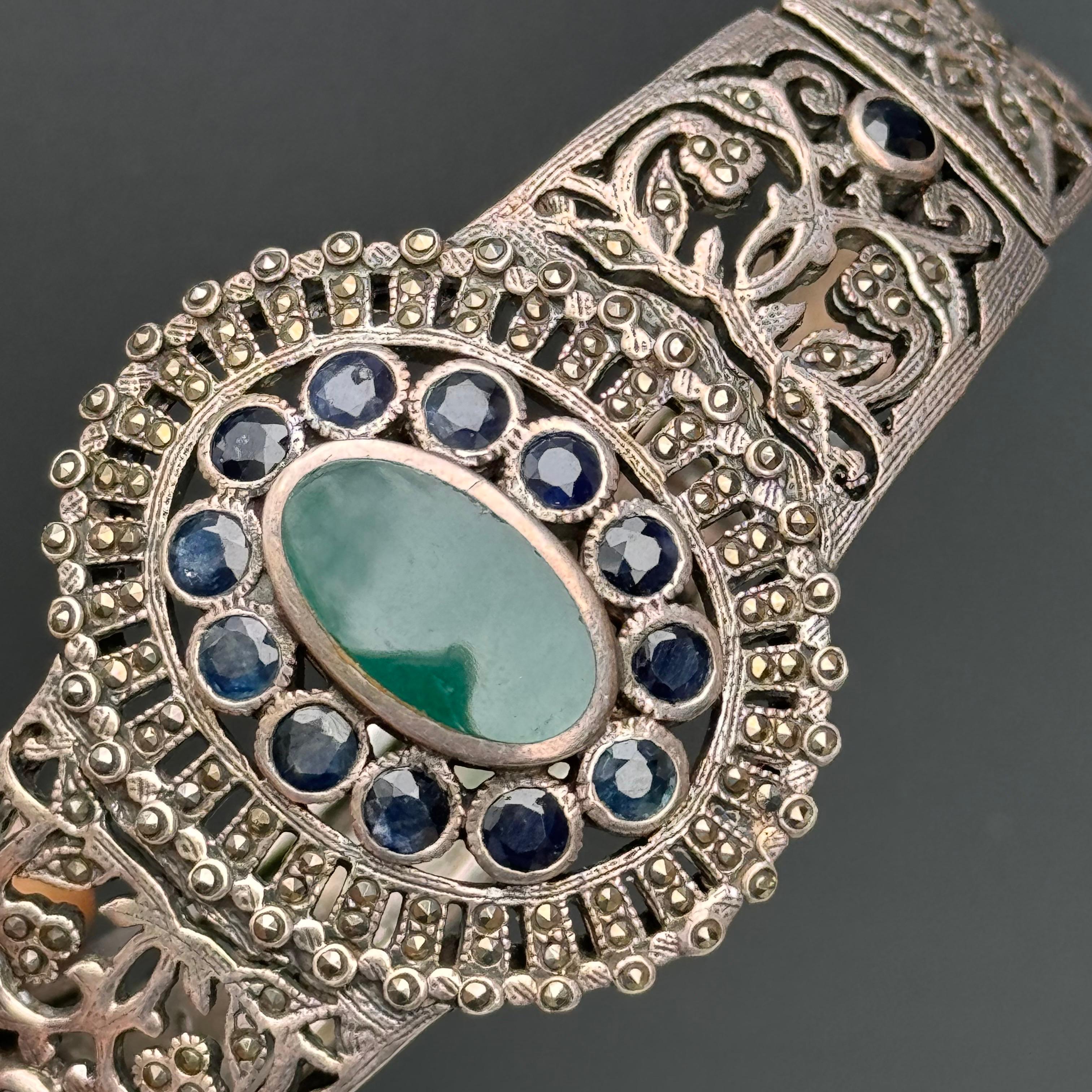Women's or Men's Art Deco Sterling silver Sapphire Marcasite Bracelet bangle  For Sale