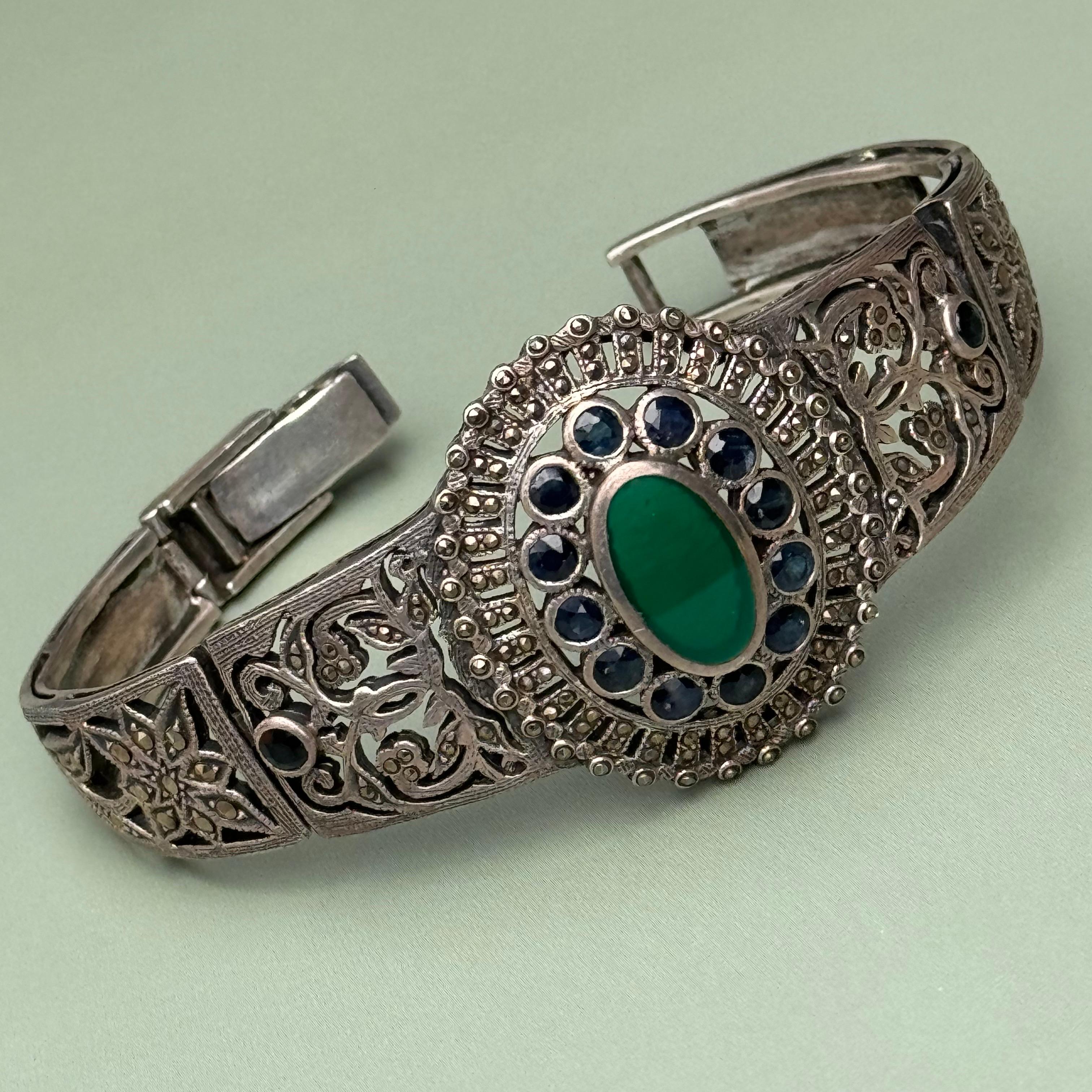 Art Deco Sterling silver Sapphire Marcasite Bracelet bangle  For Sale 4