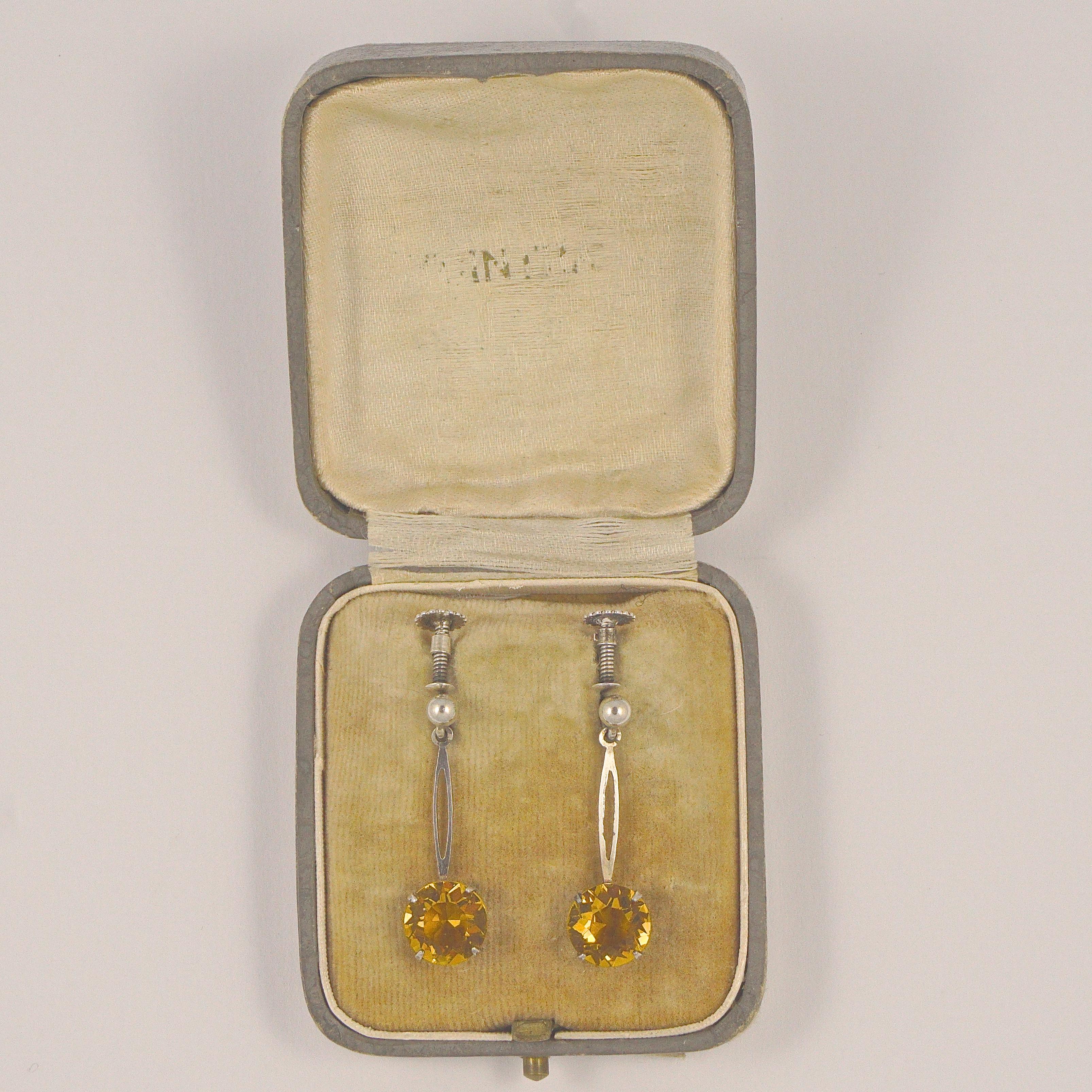 Art Deco Sterling Silver Screw Back Earrings with Faux Citrine Drops circa 1920s For Sale 3