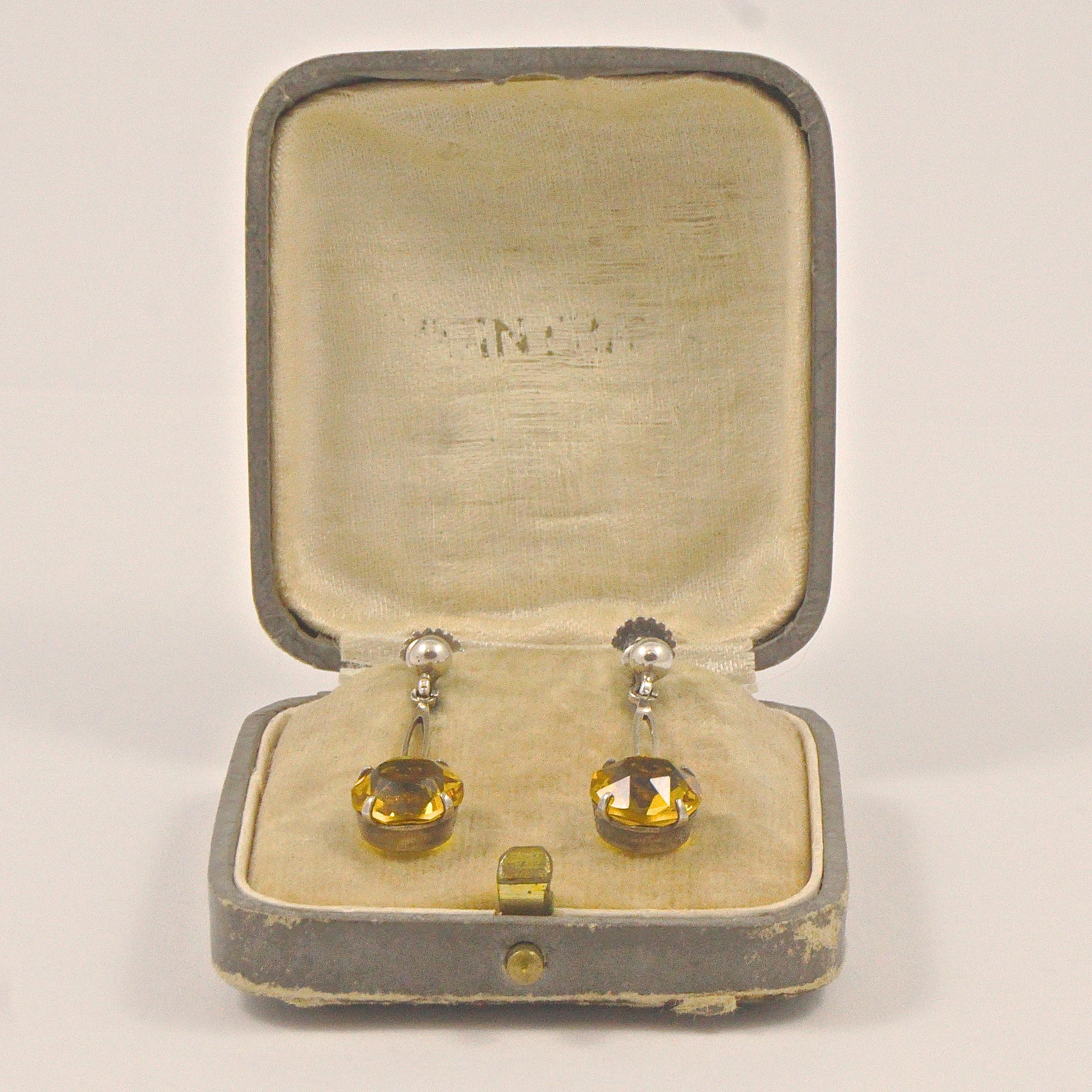 Art Deco Sterling Silver Screw Back Earrings with Faux Citrine Drops circa 1920s For Sale 4