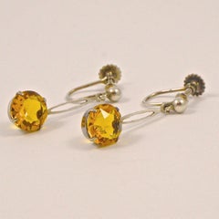 Art Deco Sterling Silver Screw Back Earrings with Faux Citrine Drops circa 1920s