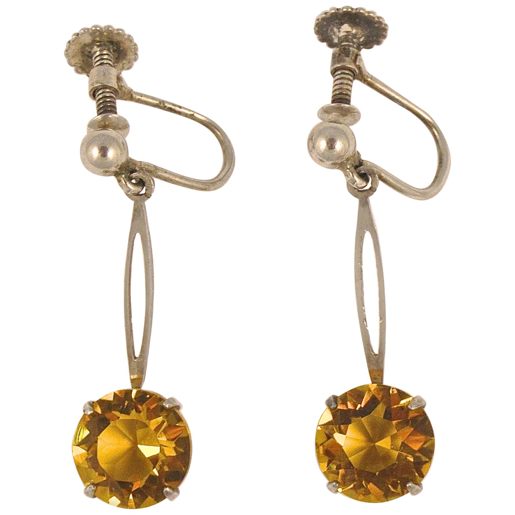 Art Deco Sterling Silver Screw Back Earrings with Faux Citrine Drops circa 1920s For Sale