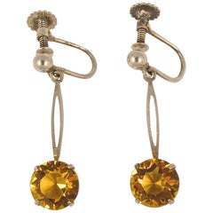 Art Deco Sterling Silver Screw Back Earrings with Faux Citrine Drops circa 1920s