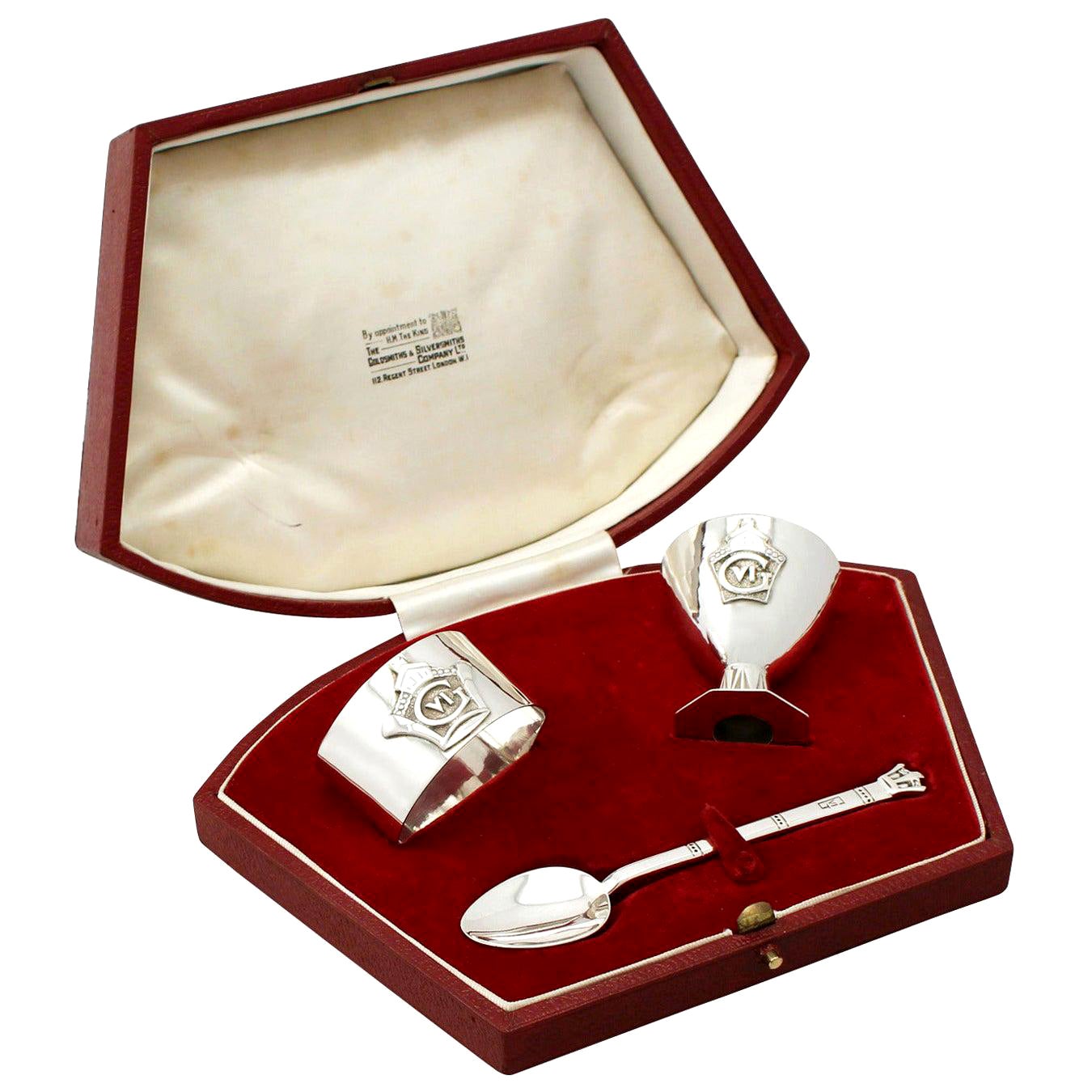 Set da battesimo in argento Sterling Art Deco a tre pezzi