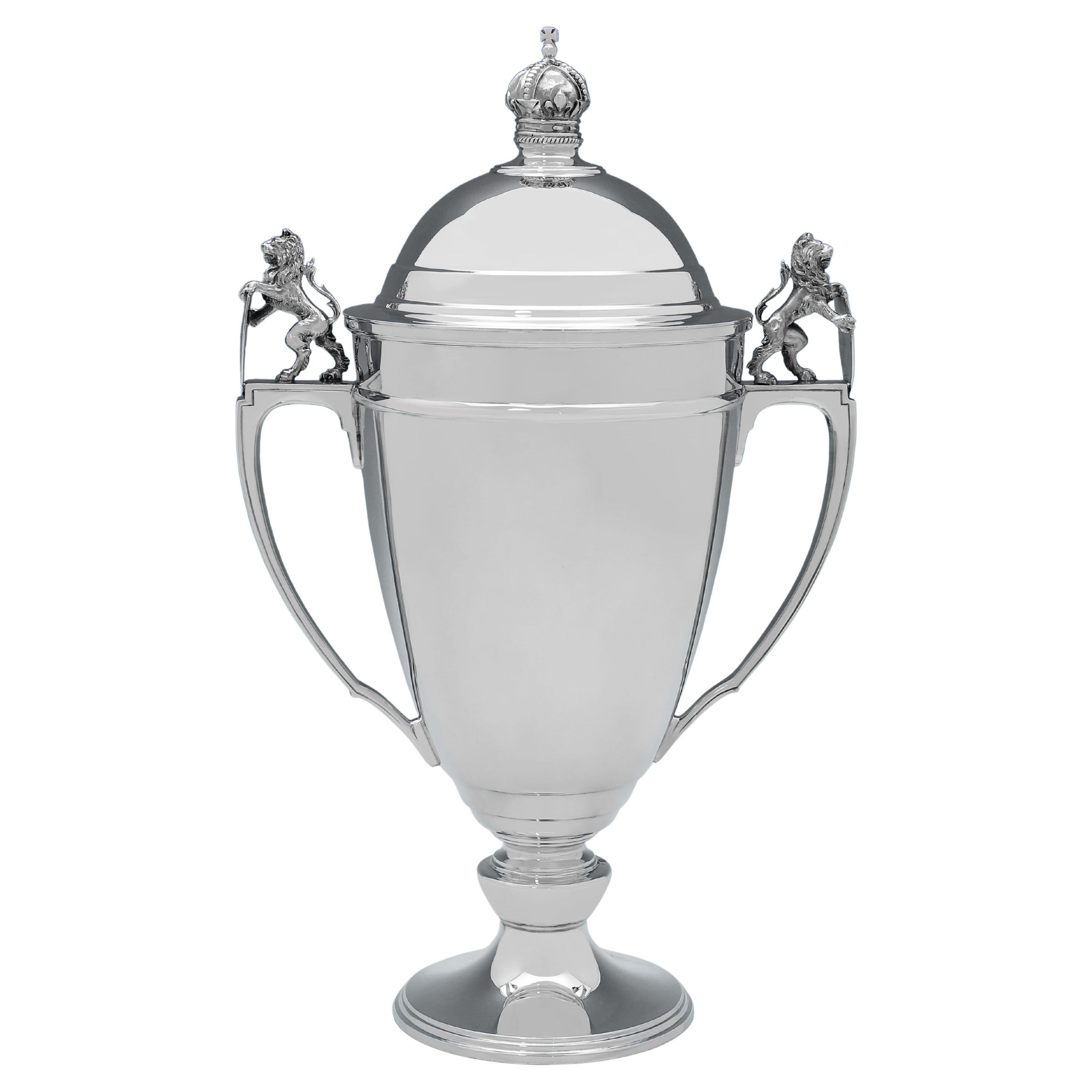 Art deco sterling silver trophy cup and cover made by Mappin & Webb in 1936