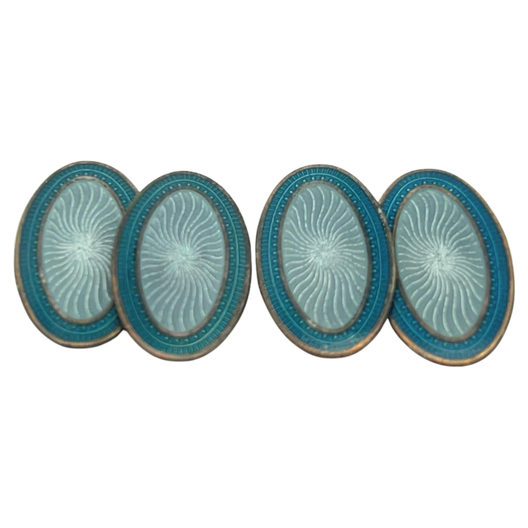 Boutons de manchette Art déco en argent sterling émaillé gris et turquoise