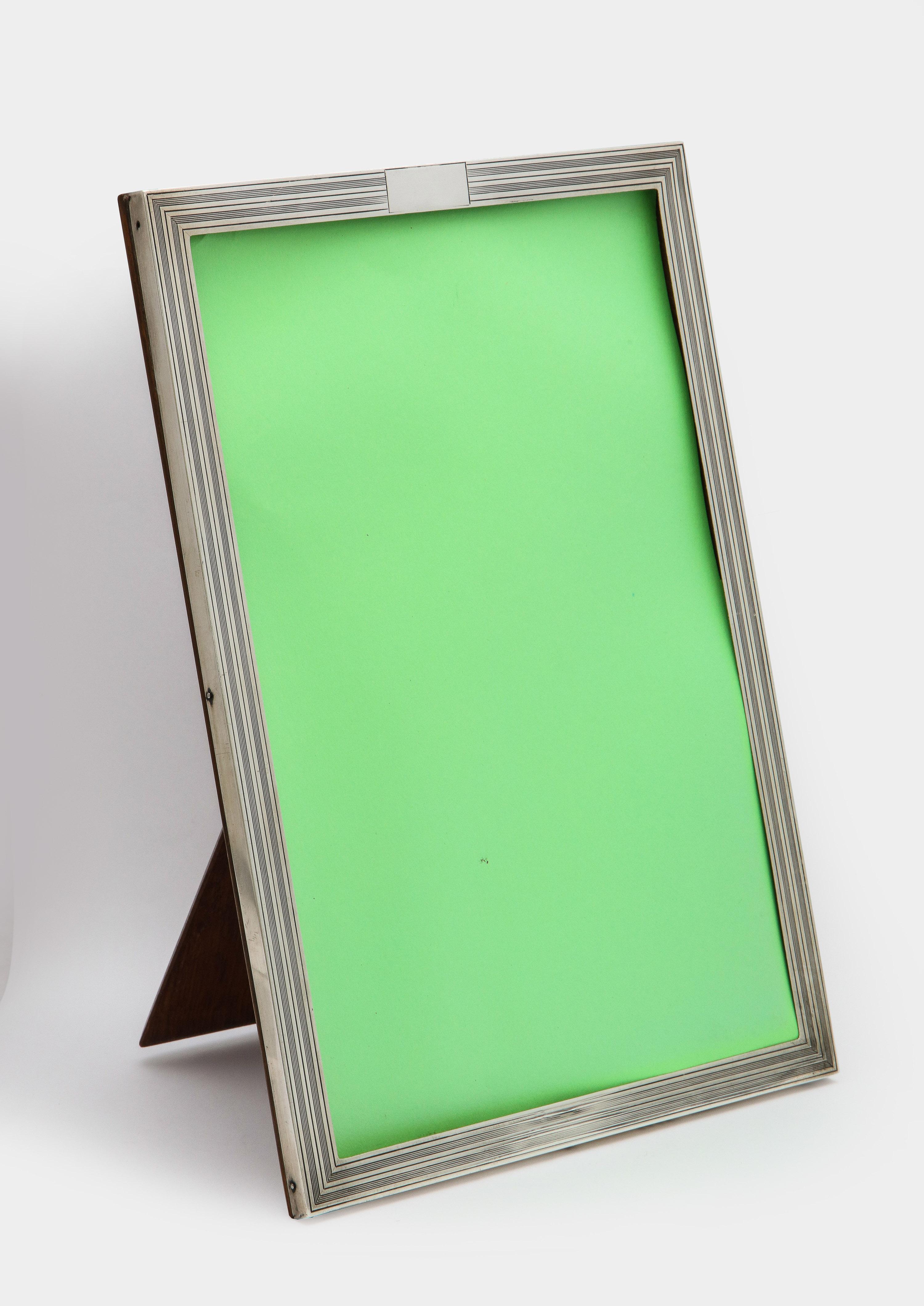 English Art Deco Sterling Silver Tuxedo-Striped Picture Frame with Wood Back