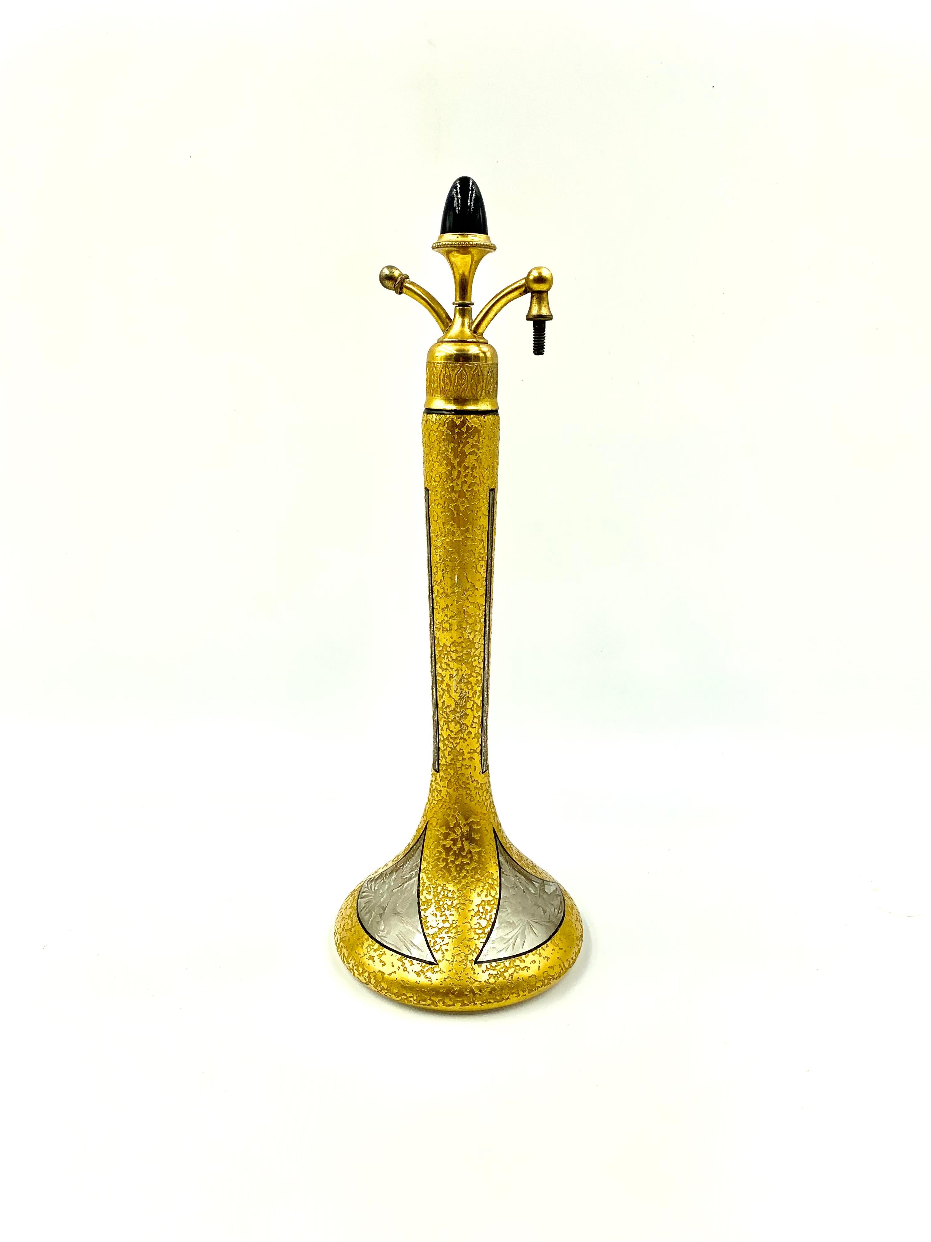 American Art Deco Steuben DeVilbiss Gold Overlay, Etched Tall Perfume Bottle Atomizer