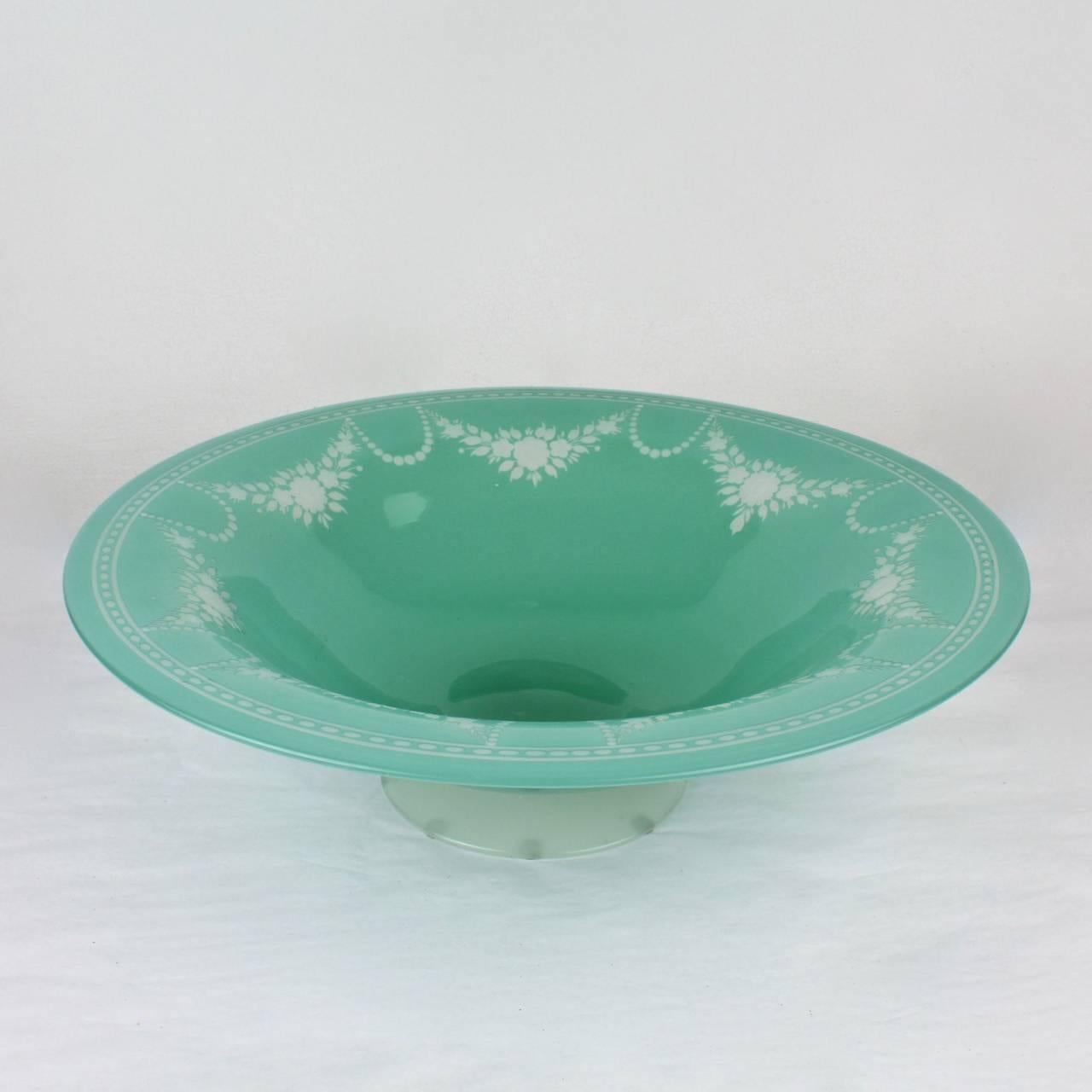 American Art Deco Steuben Jade & Alabaster Glass York Pattern Footed Bowl or Centerpiece