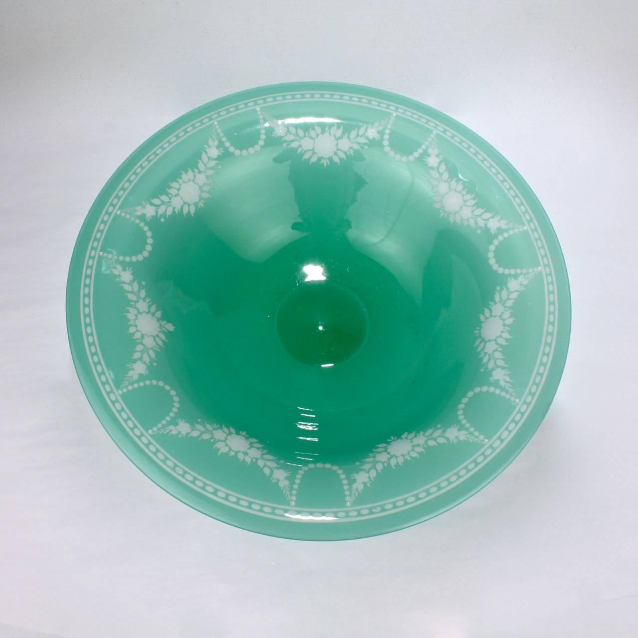Engraved Art Deco Steuben Jade & Alabaster Glass York Pattern Footed Bowl or Centerpiece