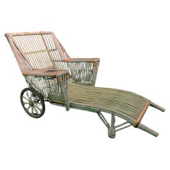 Chaise longue Art Déco en osier et rotin avec roues en polychrome vert
