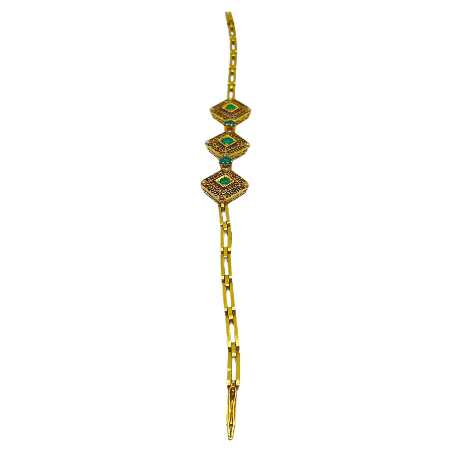 Art-déco-Stil-Armbänder aus Gold mit Smaragden und Perlen  (Art déco) im Angebot