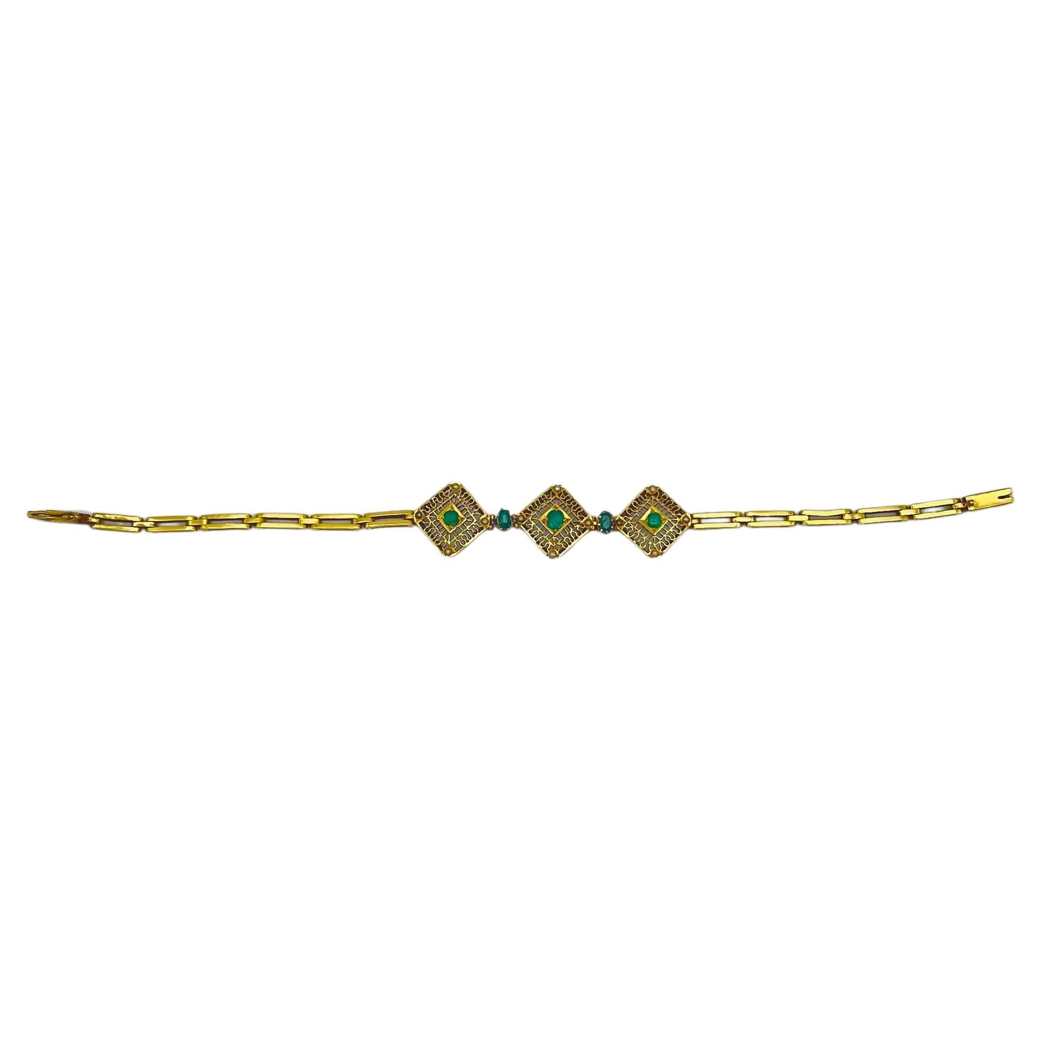 Art-déco-Stil-Armbänder aus Gold mit Smaragden und Perlen  für Damen oder Herren im Angebot