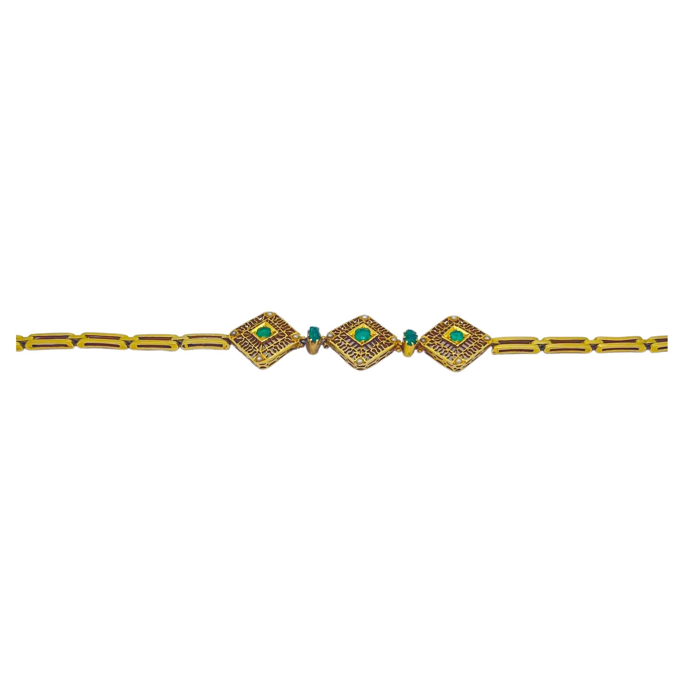 Art-déco-Stil-Armbänder aus Gold mit Smaragden und Perlen  im Angebot