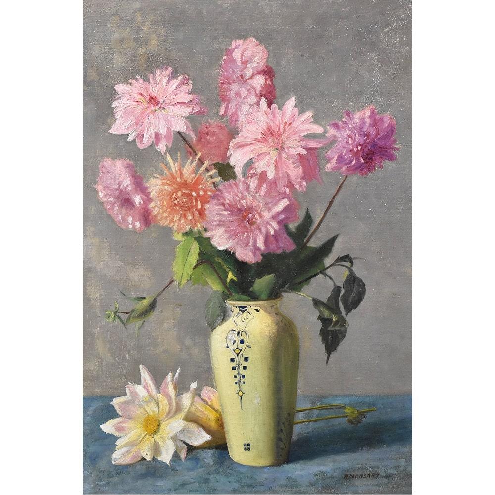 Flowers artwork, antique oil painting, Art Deco, Still Life of Dahlias proposed here is an oil painting on Canvas
of the Twentieth Century, 1930s. It also has a beautiful and and lacquered wooden frame, 
a Montparnasse, coeval to the
