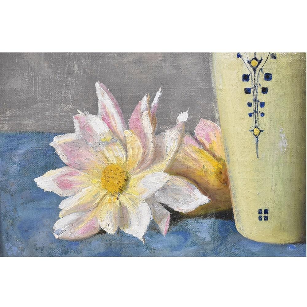 French Art Deco Still Life Painting, Flowers Vase Painting, Dahlias, Oil on Canvas