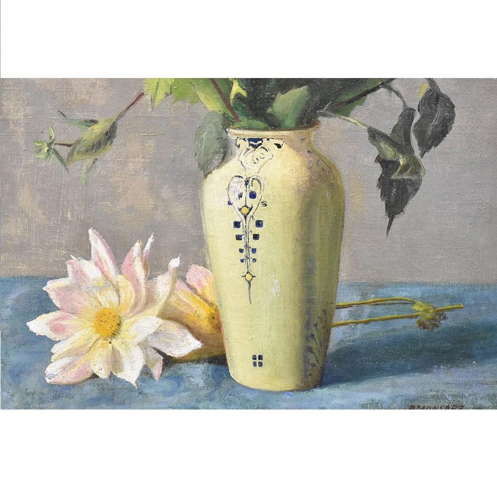 Painted Art Deco Still Life Painting, Flowers Vase Painting, Dahlias, Oil on Canvas